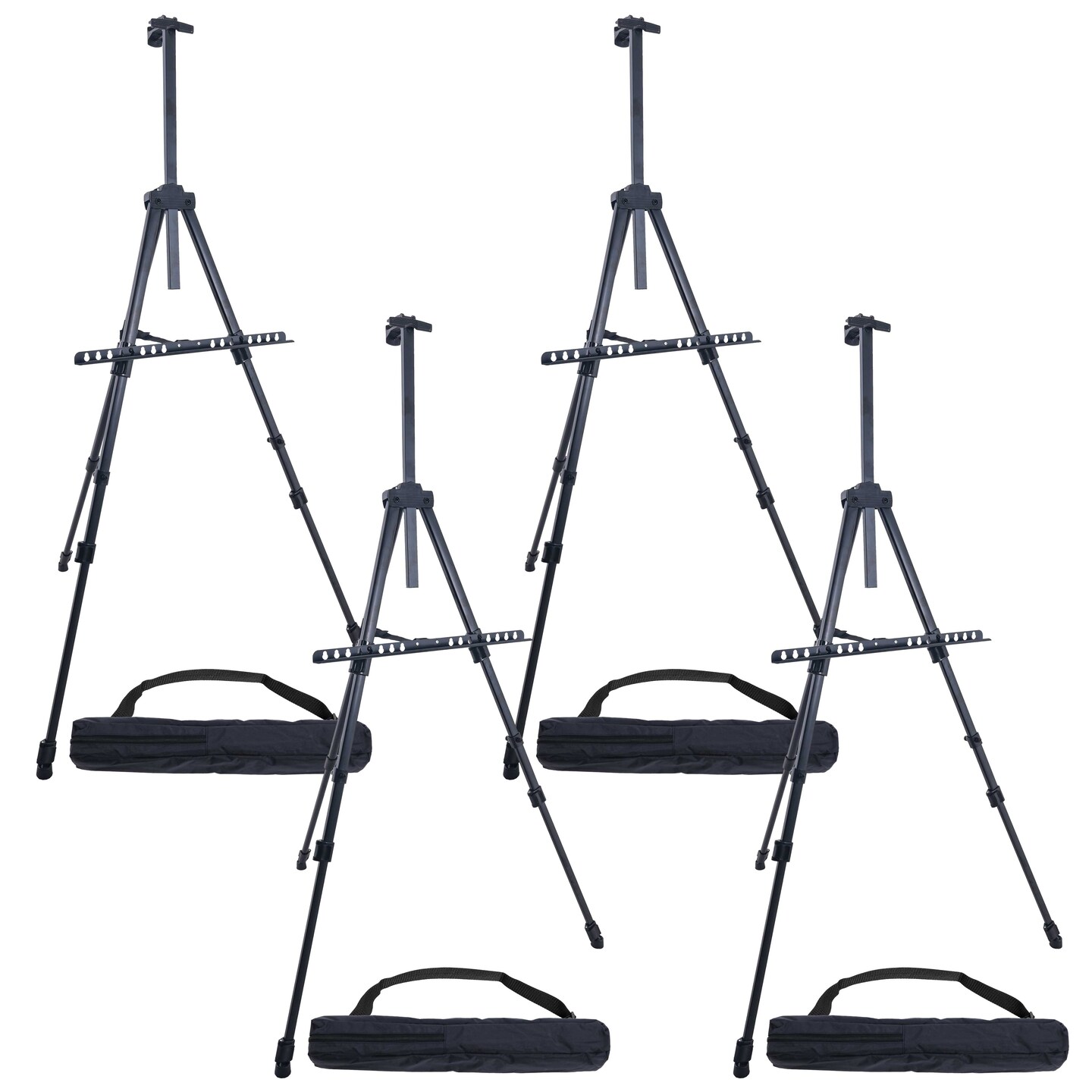 66&#x22; Black Metal Tripod Easel Display (4 Pack) - Adjustable 20&#x22;- 5.5&#x27;, Holds 32&#x22; Canvas - Floor/Tabletop Easel Stand, For Sign Display, Painting, Poster Board, Canvas - Portable Bag