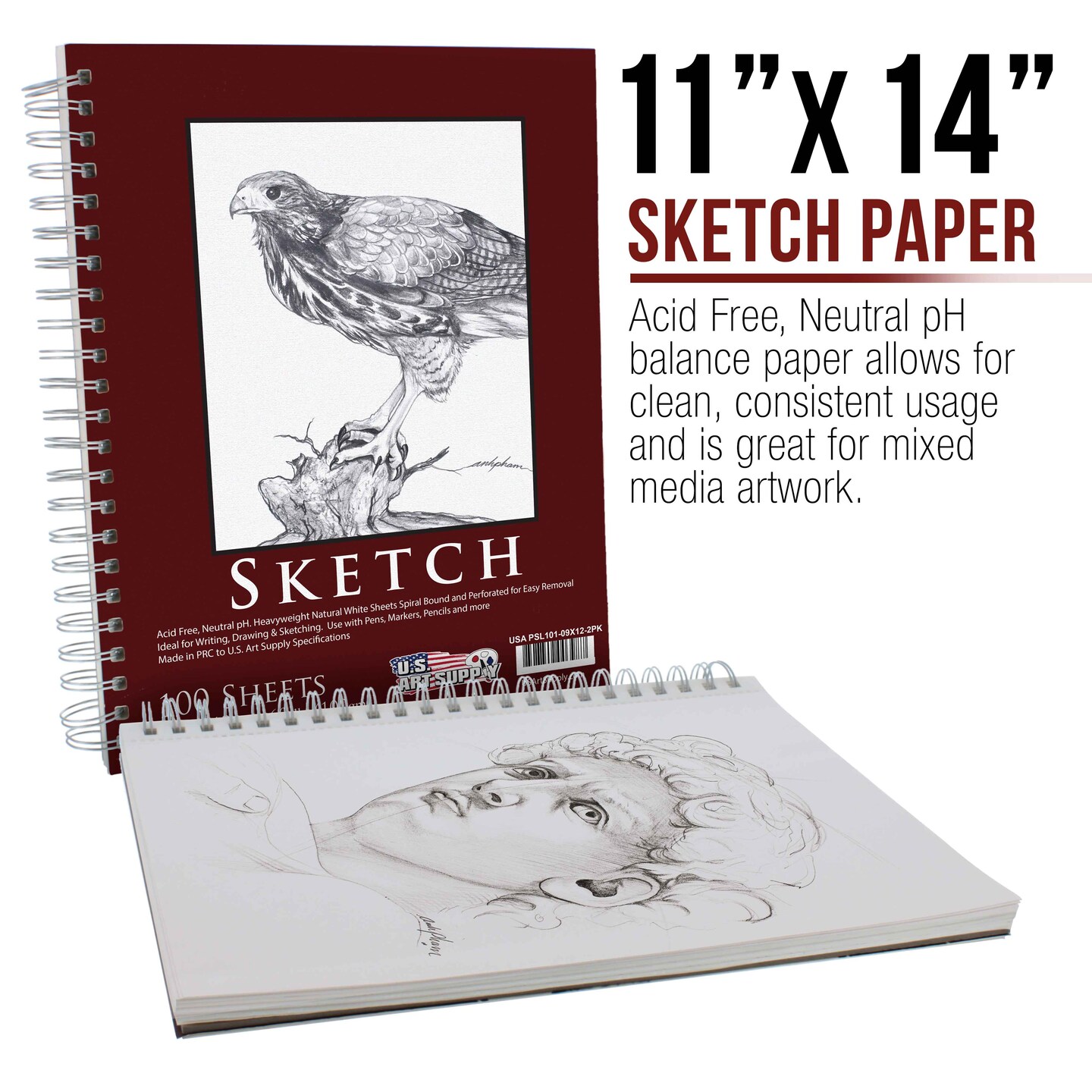 11&#x22;x14&#x22; Sketch Book Pad, 2 Pack (100 Sheets Each), 60lb (100gsm) Spiral Bound - Sketching, Drawing Pad, Acid-Free Paper - Sketch Pads For Adults, Students: Colored Pencils, Charcoal