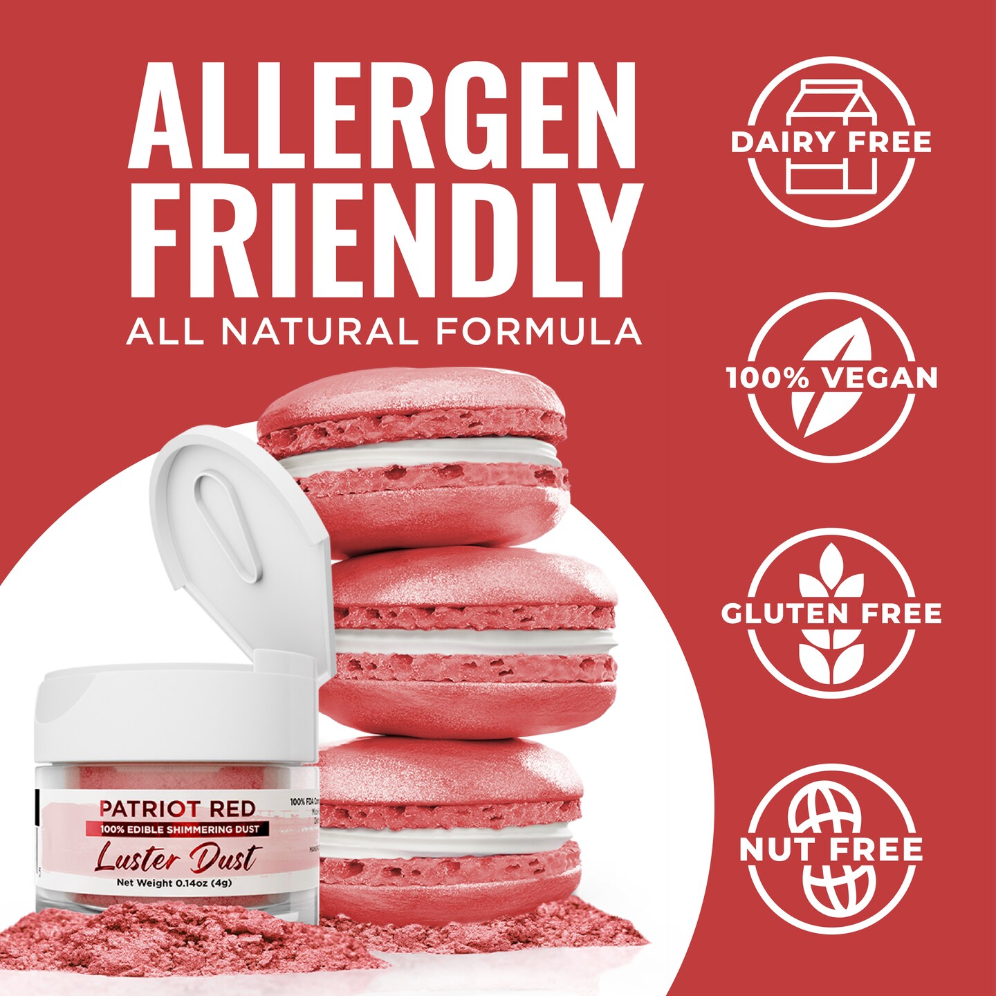 Bakell - Patriot Red Luster Dust (4g, 1x Jar) Edible Vegan Dust & Paint for Baking, Desserts and Beverages
