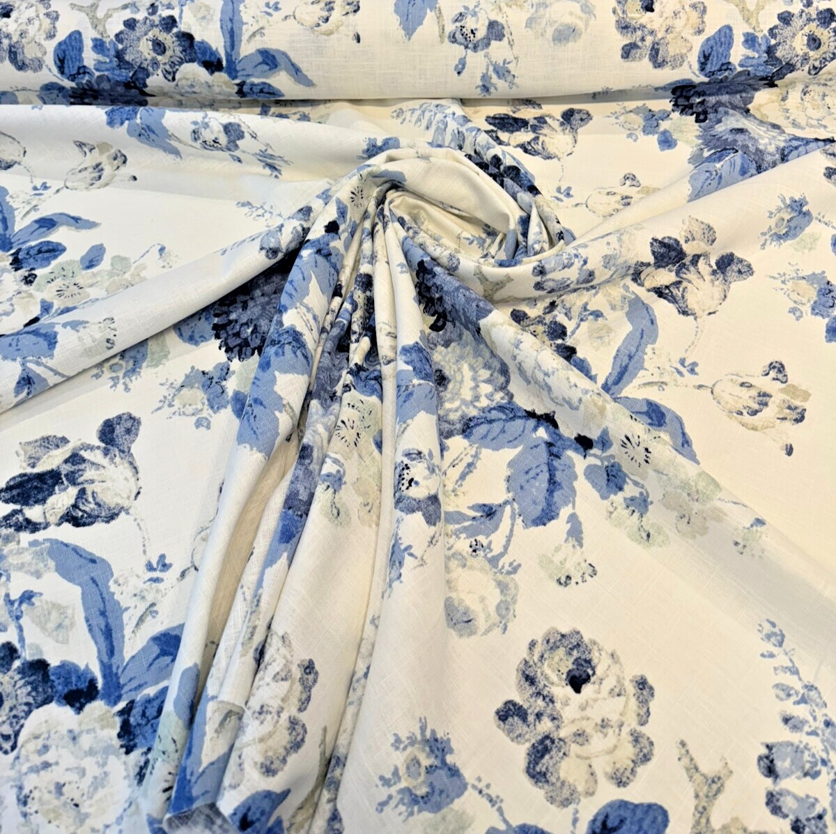 1 Yard Nora Chambray Blue Floral Linen Blend Upholstery Fabric 54 Inches Wide
