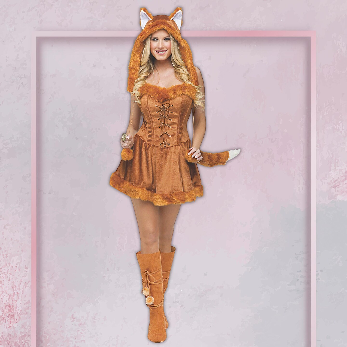 Women&#x27;s Lady Fox Costume Velvet Dress Faux Fur Hood and Tail