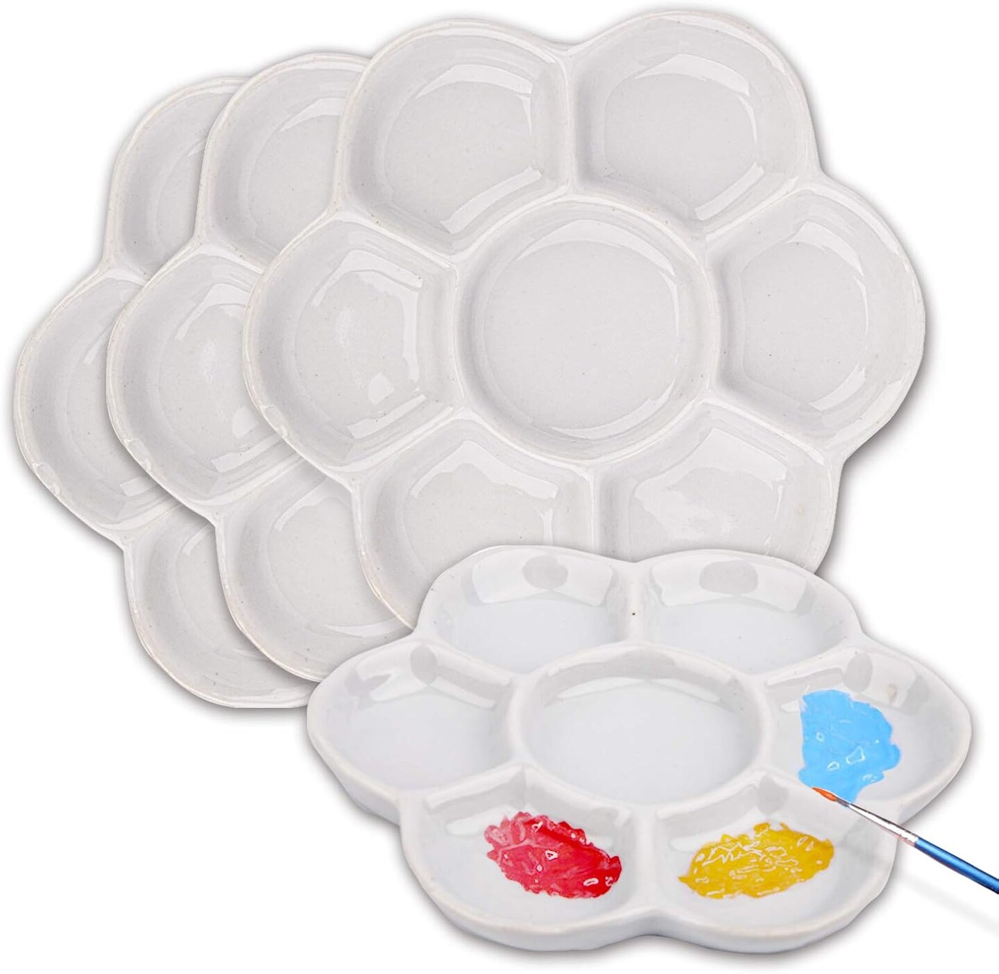 4 Pieces Ceramic Paint Palette Artist 7 Well Flower Palettes Painting Oil Watercolor Mixing Trays