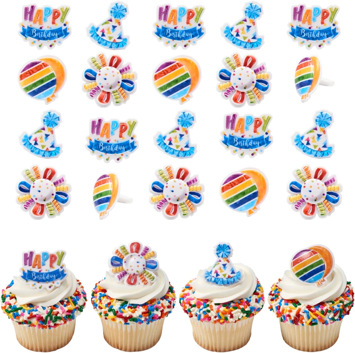 24PCS Happy Birthday Cupcake Toppers – Multi-Colored Balloons, Party Hats & Streamers
