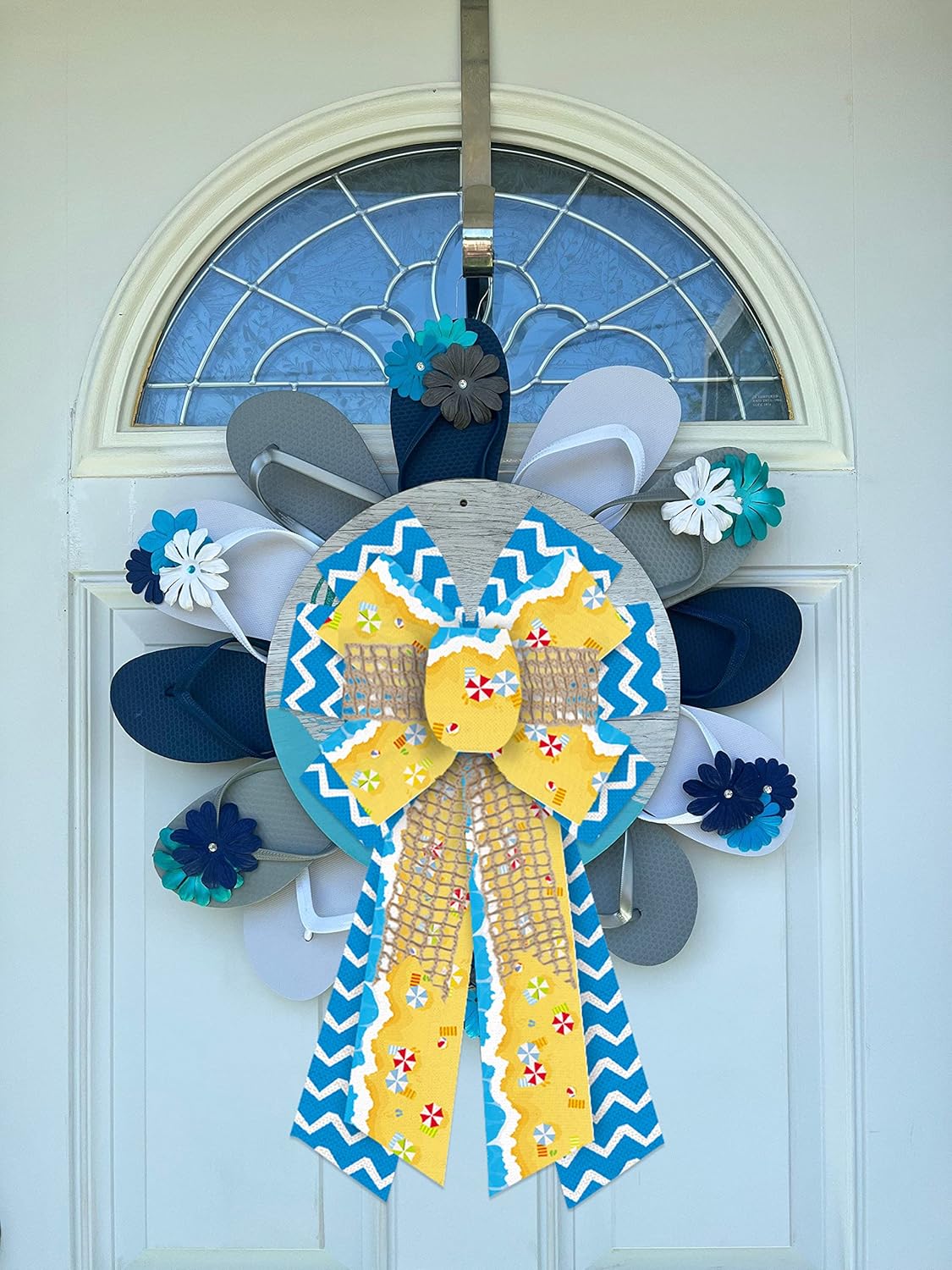 Large Summer Wreath Bows – Blue & Yellow Burlap Ocean Wave Bows for Front Door & Party Decor