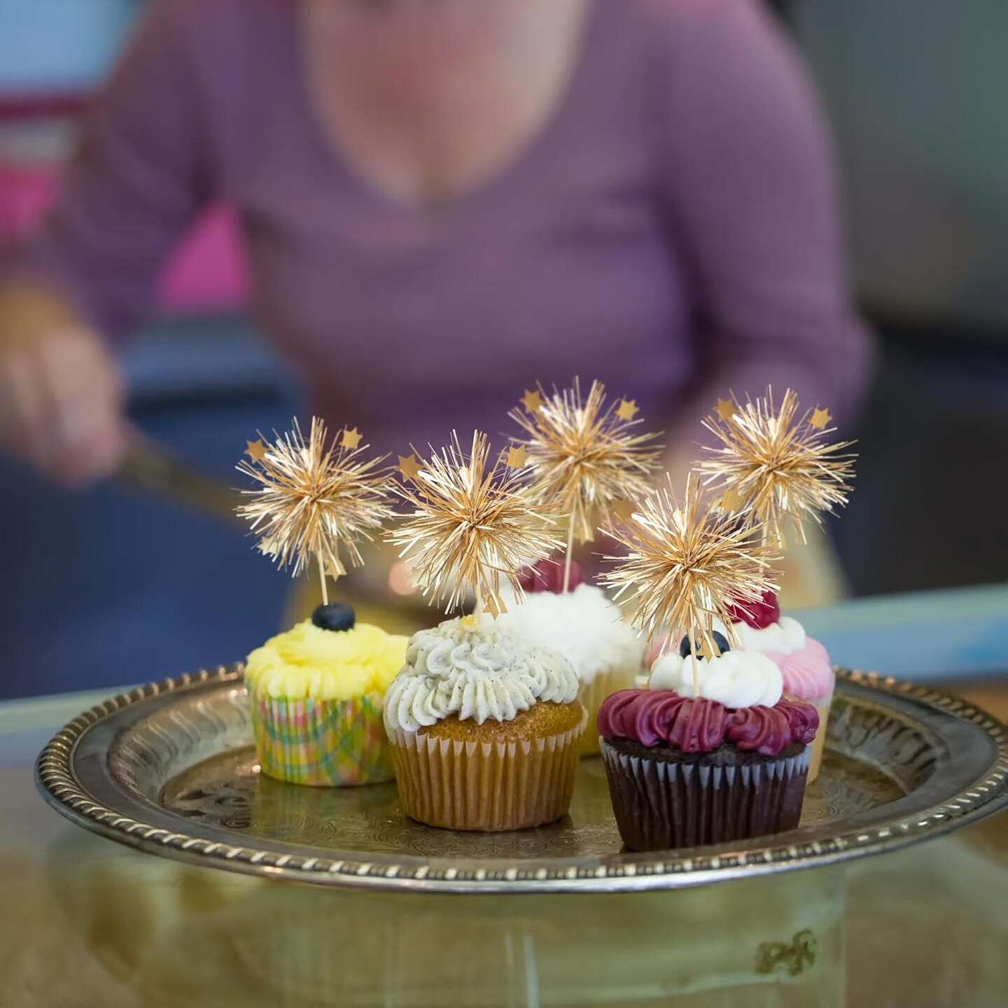 30Pcs Foil Firework Cupcake Toppers Happy Birthday Cake Toppers Sparkle Tinsel Flower Drink Stirrers Cocktail Food Fruit Toothpicks for Valentine&#x27;s Day Party Supplies Gold