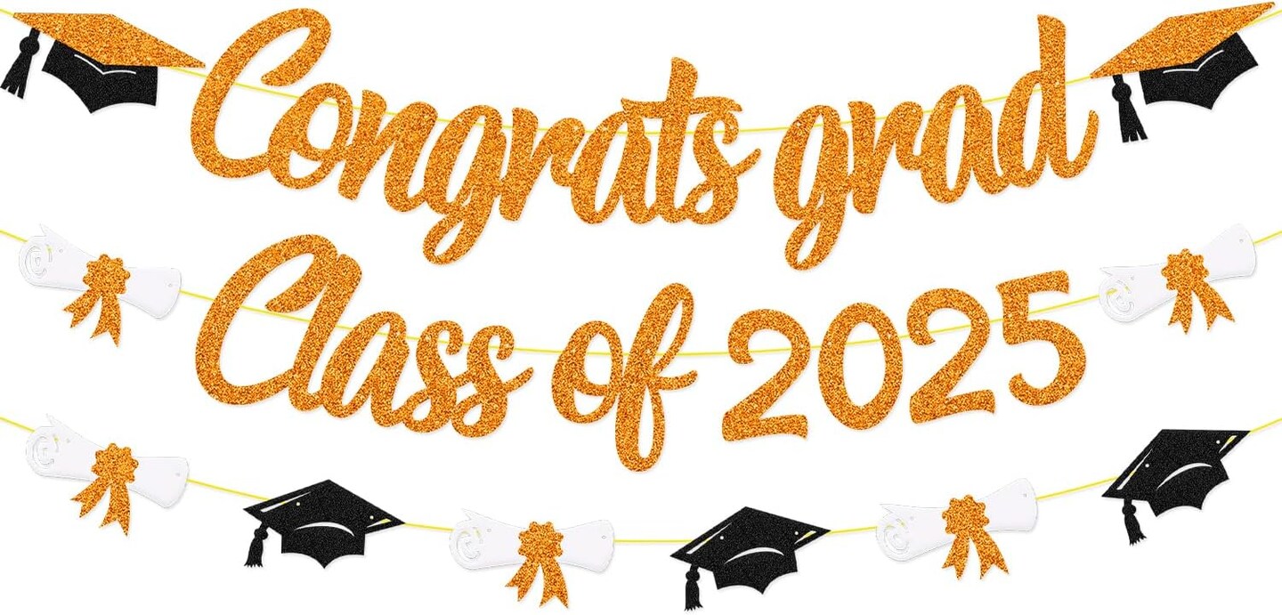 Congrats Grad Class of 2025 Banner Graduation Cap Diploma Theme Party Decoration for for High School College University Senior 2025 Celebrate Party Supplies (Orange)