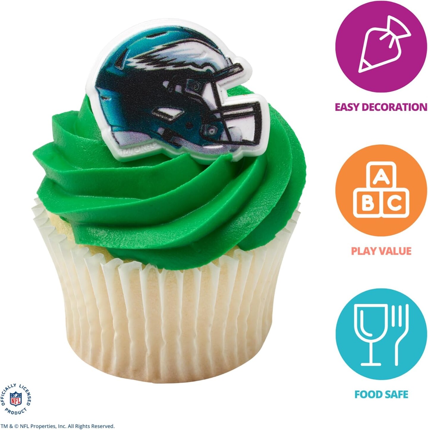 NFL Philadelphia Eagles Helmet Rings, 24 Football Cupcake Decorations, Officially Licensed, Football Rings, Food Safe Cake Toppers &#x2013; 24 Pack
