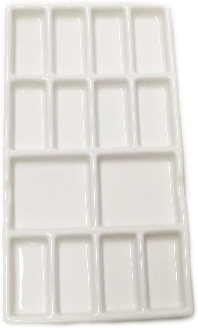 14 Wells Ceramic Artist Paint Palette - 8 Inch Porcelain Watercolor Painting Palette Ceramic Mixing Tray for Painters