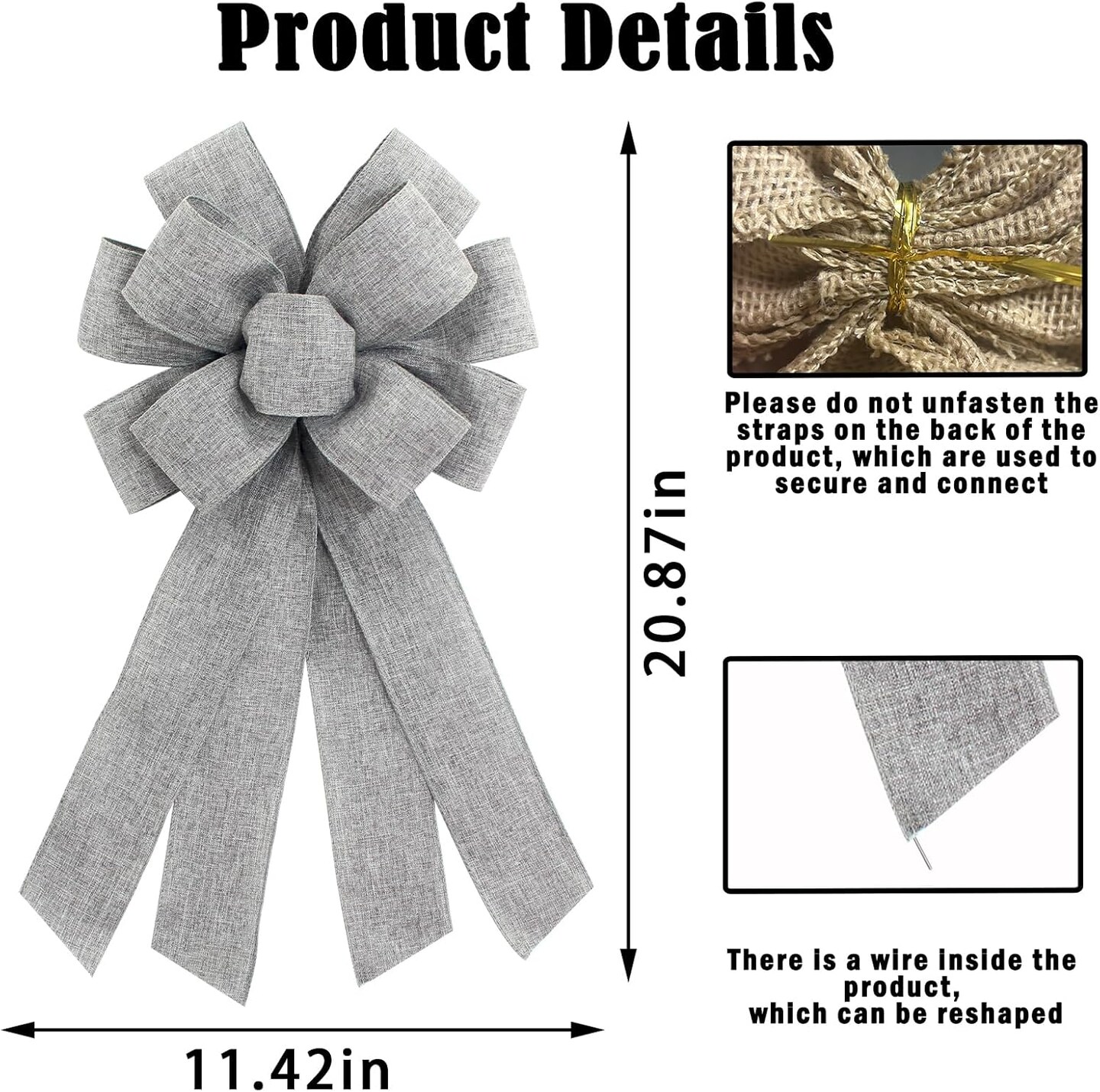 Grey Burlap Wreath Bow 20 x 11 Inches Easter Bows Birthday Holiday Ribbon Bow Carnival Farmhouse Bow Tree Ornament for Home Front Door Decorations