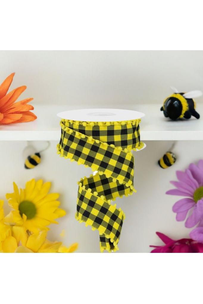 1.5&#x22; Check with Poms Ribbon: Yellow (10 Yards)