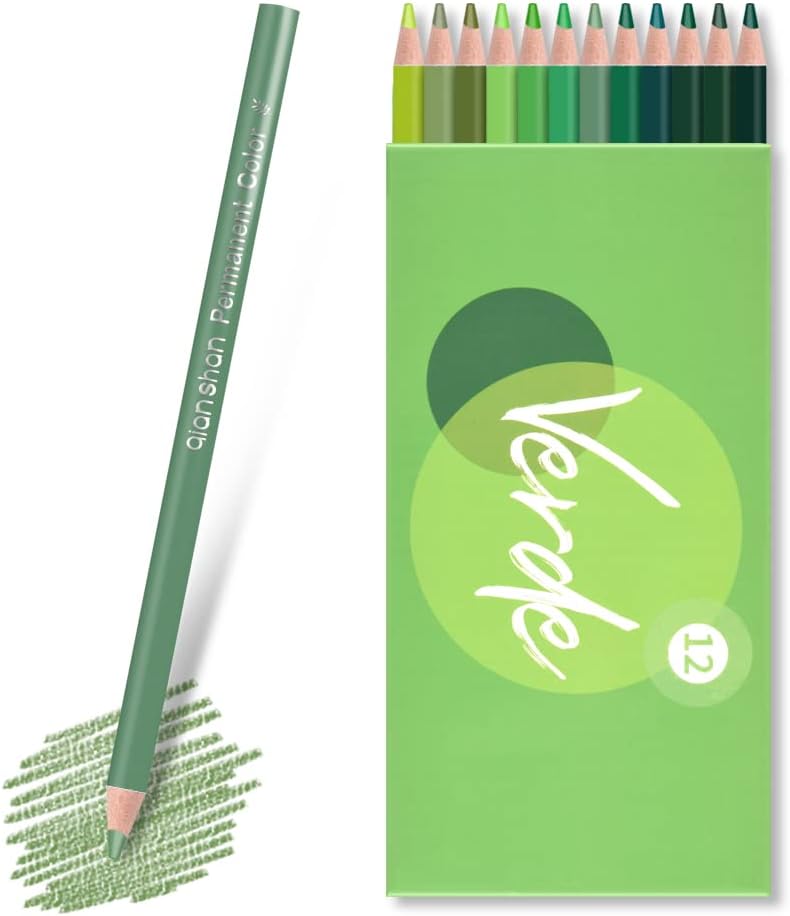 12 Green Colored Pencils Oil Based Pre-sharpened Wooden Colored Pencil Set for Adults Coloring Books Drawing Sketching Art Supplies, No Duplicates