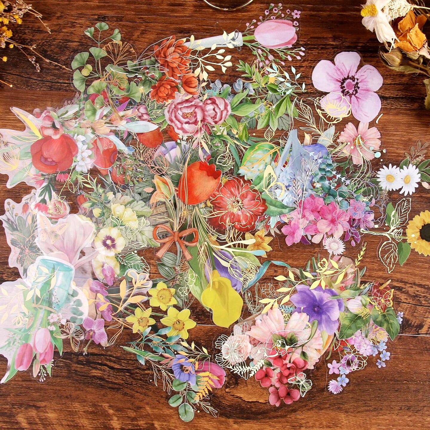 Gilding Flower Stickers (240 Pieces) - Glitter Watercolor Transparent Stickers for Card Making Scrapbooking Envelopes Wrapped Gifts Arts and Crafts Journaling