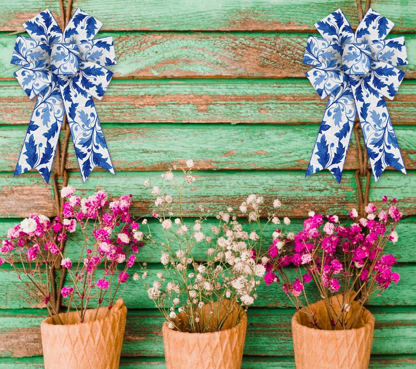 2 Pcs Spring Bow for Wreath, Spring Wreath Bows for Front Door Spring Flowers Bows Blue White Burlap Tree Topper Bows for Spring Indoor Outdoor Birthday Party Home Decoration