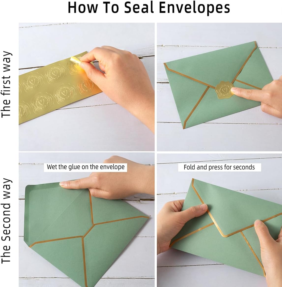 50-Pack A7 Sage Green Envelopes 5.24x7.21” – Gold Border with Stickers for Invitations