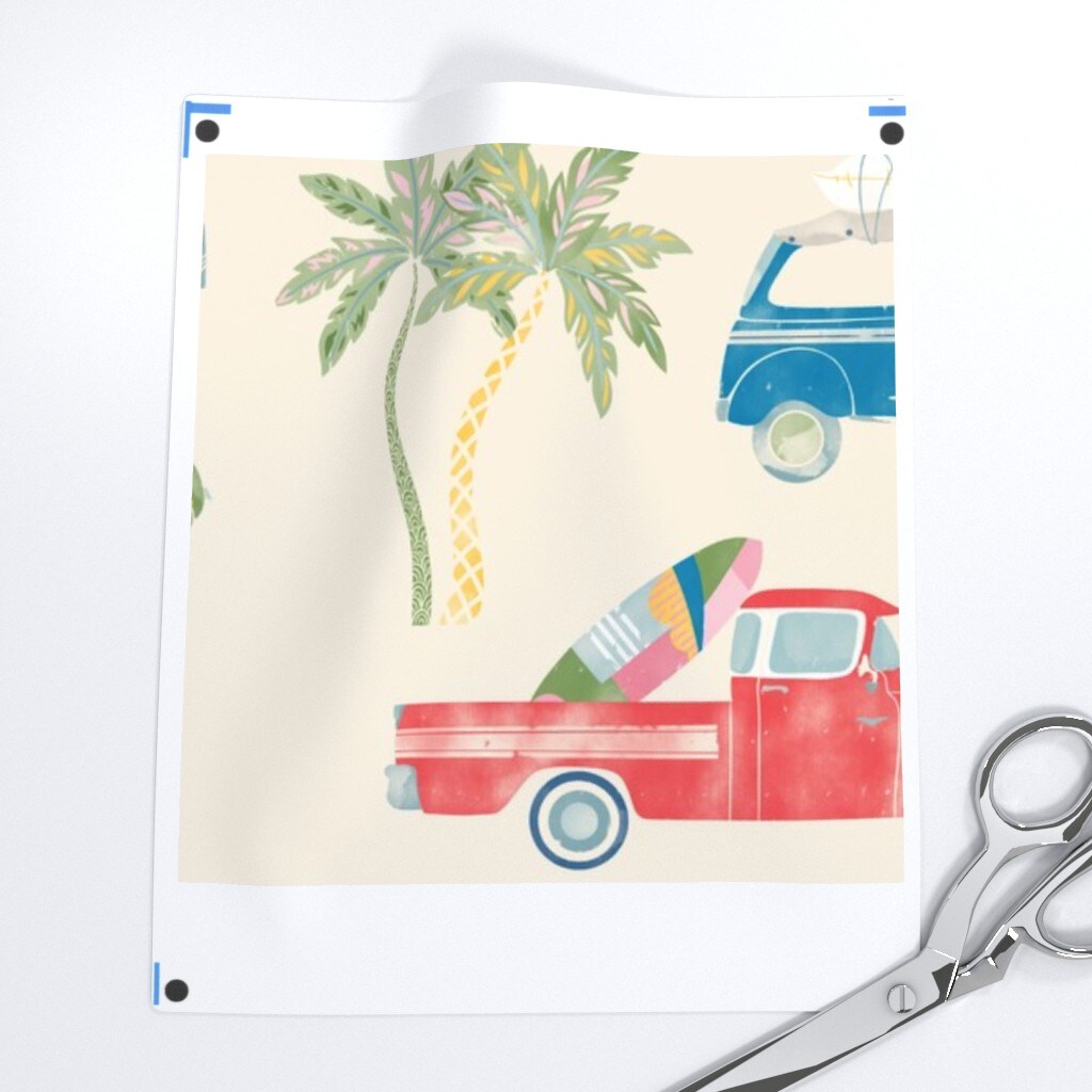 Beach Cruisers Surf Cars Surfing Palm Trees Retro Custom Printed Fabric by Spoonflower Various Fabrics by the Yard or Fat Quarter