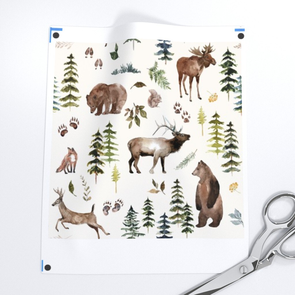 Watercolor Forest Green Trees Bear Elk Fox Deer Moose Gender Neutral Animals Custom Printed Fabric by Spoonflower Various Fabrics by the Yard or Fat Quarter