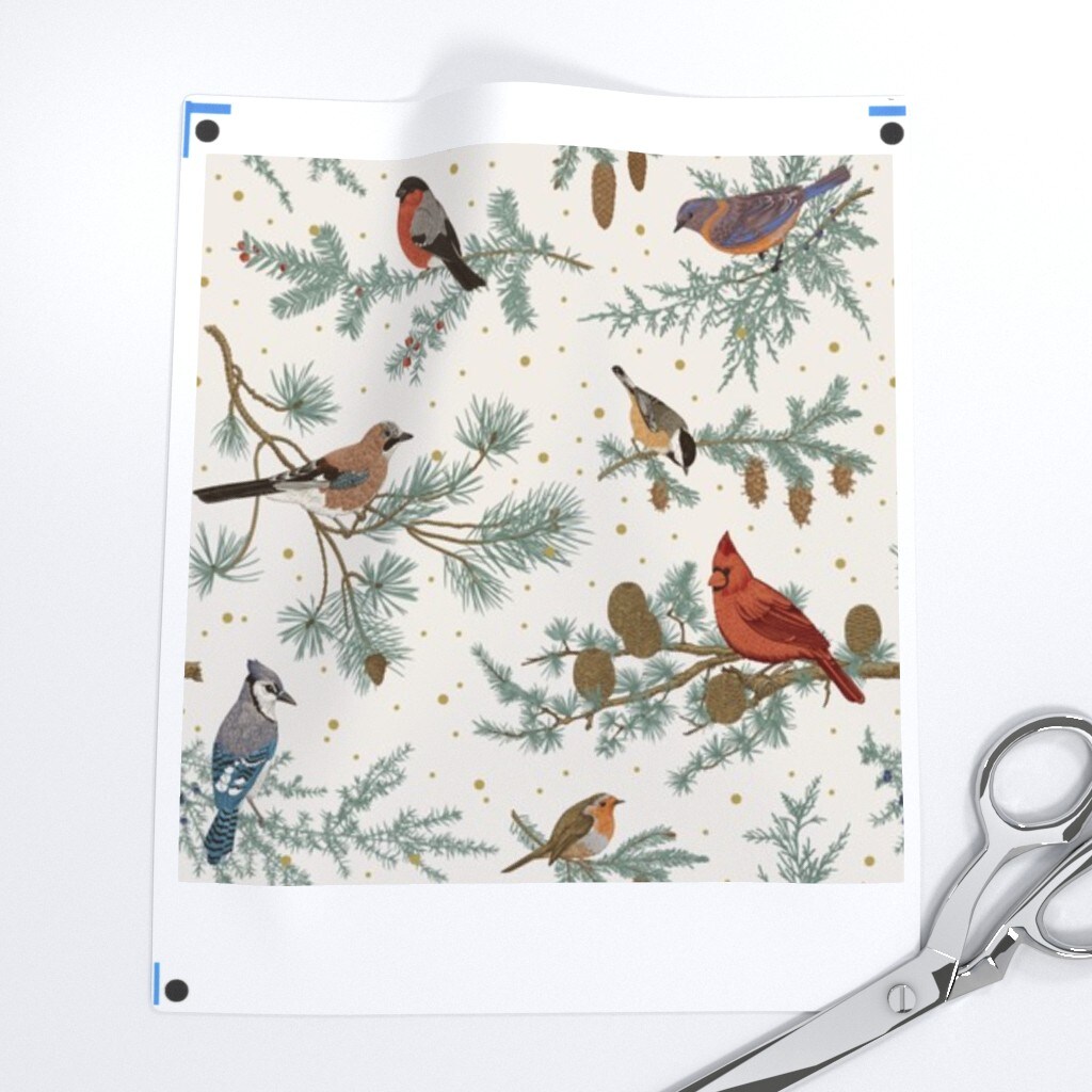 Vintage Birds Birdwatching Winter Christmas Holiday Bluebird Robin Fir Tree Bluejay Bullfinch Cardinal Pinecones Pine Tree Dots Forest Woods Custom Printed Fabric by Spoonflower Various Fabrics by the Yard or Fat Quarter
