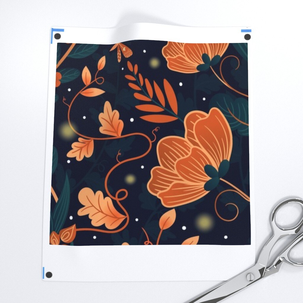 Whimsical Garden Orange Foxes Midnight Blue Firefly Fantasy Custom Printed Fabric by Spoonflower Various Fabrics by the Yard or Fat Quarter