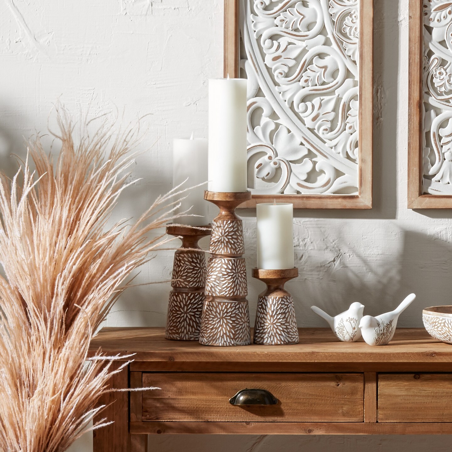 Resin Pillar Candle Holder Set Wood Grain Design Brown White Home Decor