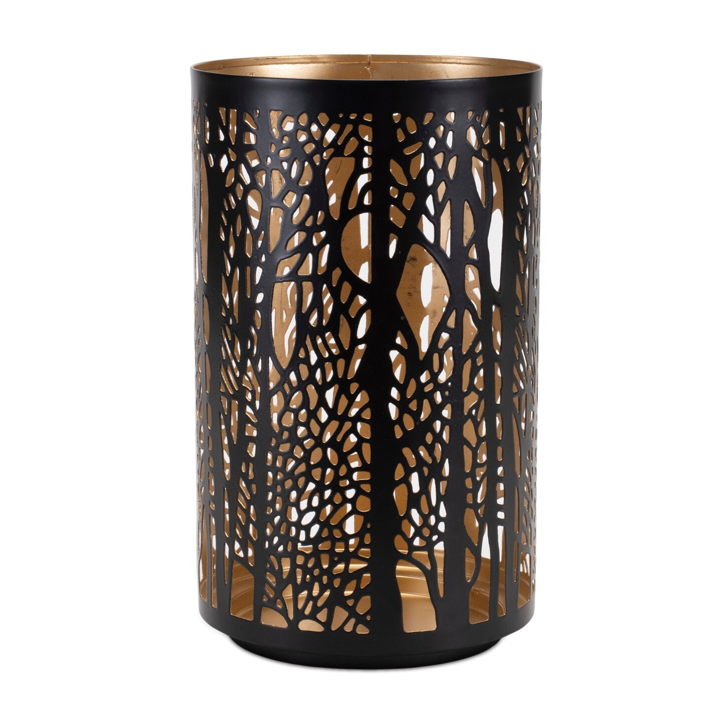 Forest Tree Punched Metal Candle Holder Black Gold Decorative Lanterns Set of 2
