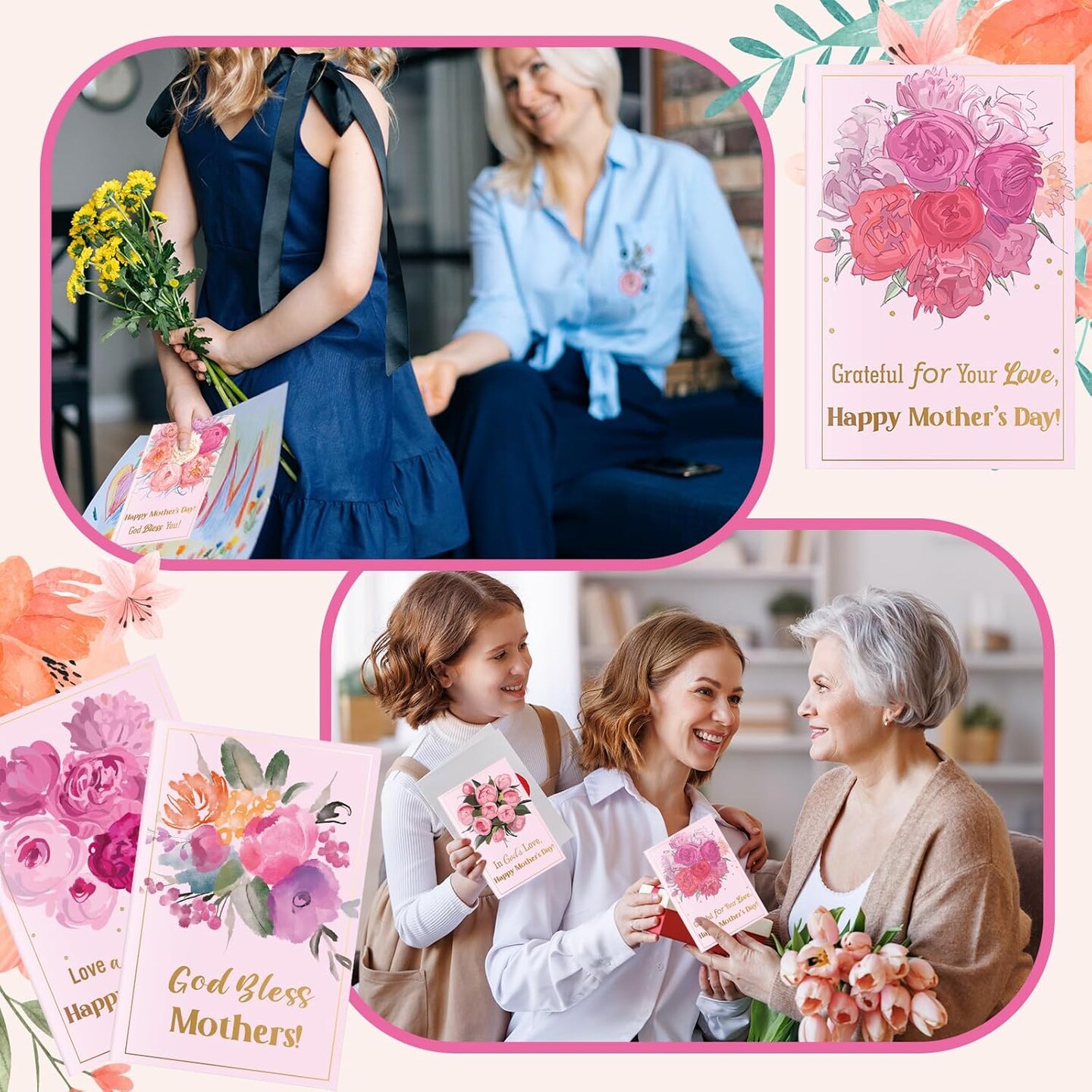 Mother’s Day Card Making Religious Floral Greeting Card Set – 50 Pack Scripture Cards with Envelopes & Stickers, Bulk Blank Notecards 3.94×5.91 Inch for Mom, Grandma & Women