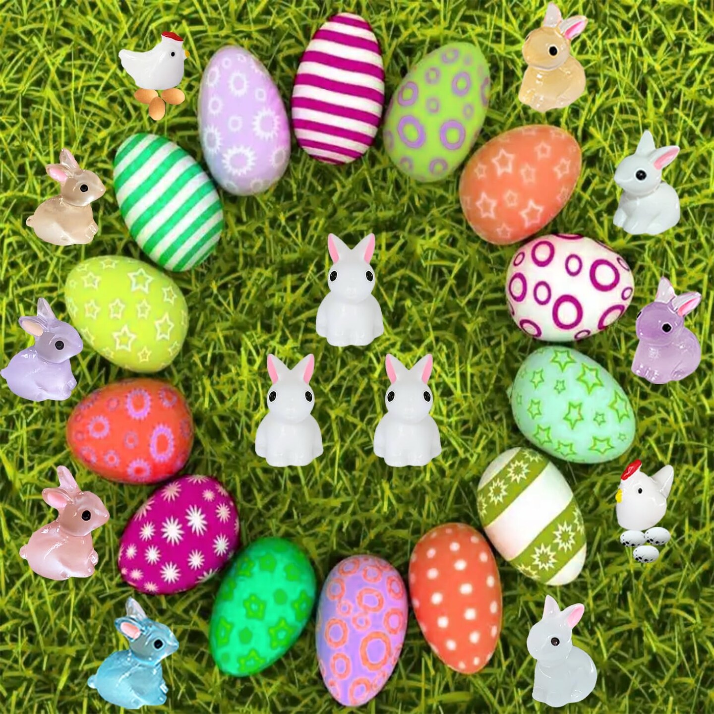 36Pcs Easter Mini Resin Animal Figures Rabbits, Little Chicken, Tiny Egg, Miniature Bunny Figurines for Holiday Decorations & Collectibles