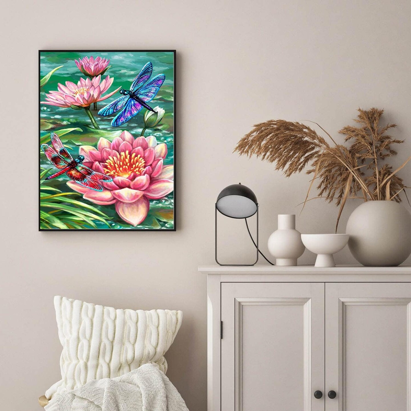 Lotus Diamond Art Painting Kits for Adults - Full Drill Diamond Dots Paintings for Beginners, Dragonfly Round 5D Paint with Diamonds Pictures Gem Art Painting Kits DIY Adult Crafts 12x16inch