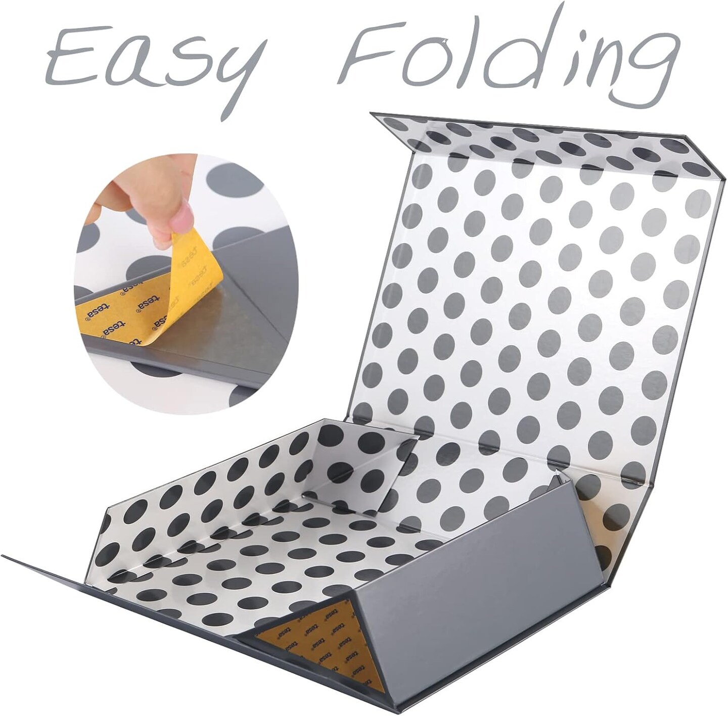 Large Grey Magnetic Gift Box with Lid (13 × 9.7 × 3.4 in) – Glossy Metallic Grey Gift Box with Polka Dot Interior for Clothes, Accessories & Presents