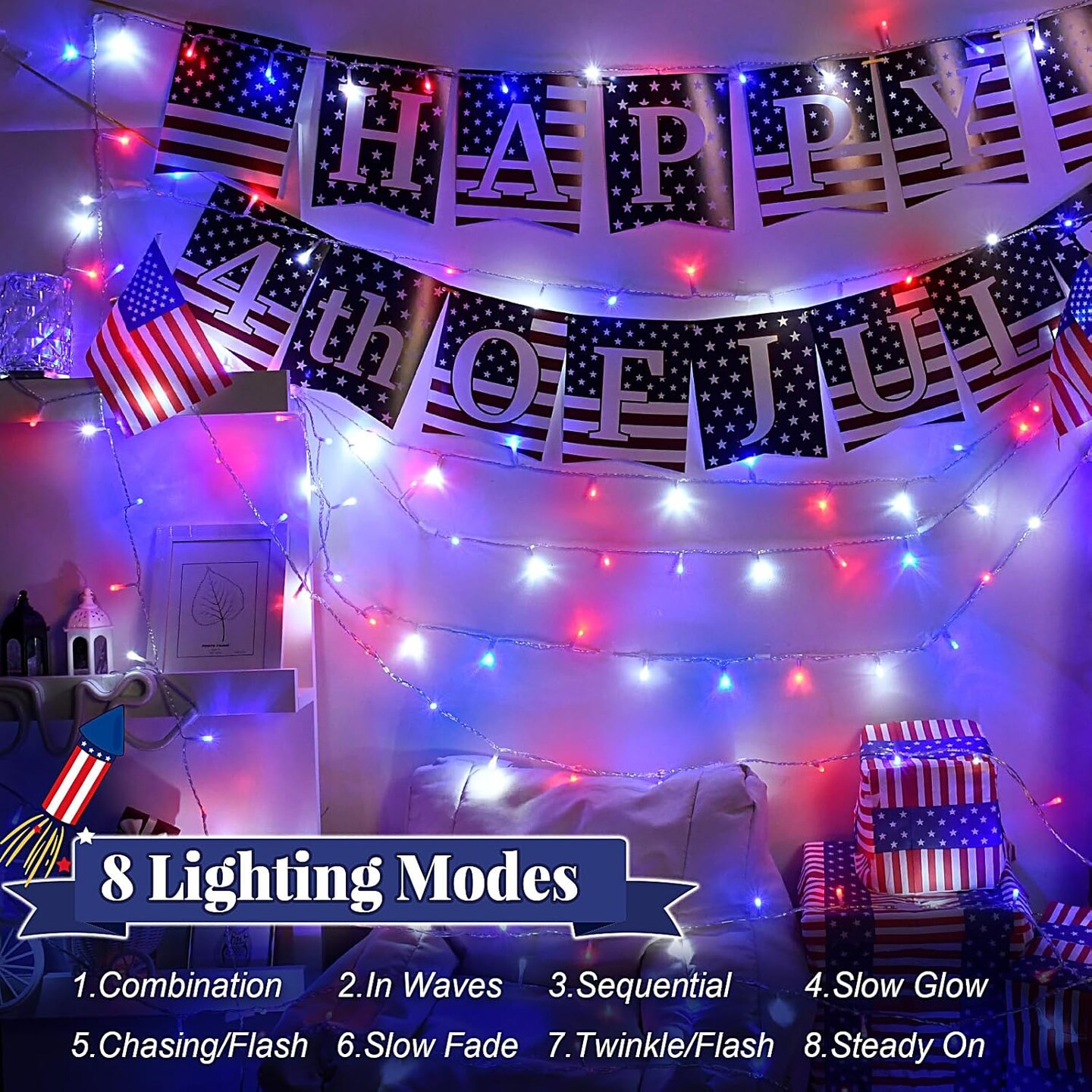 Red White and Blue Lights Outdoor, 32ft 100 LED Patriotic String Lights for 4th of July, Memorial Day, Independence Day Decor, 8 Modes Timer Waterproof Connectable