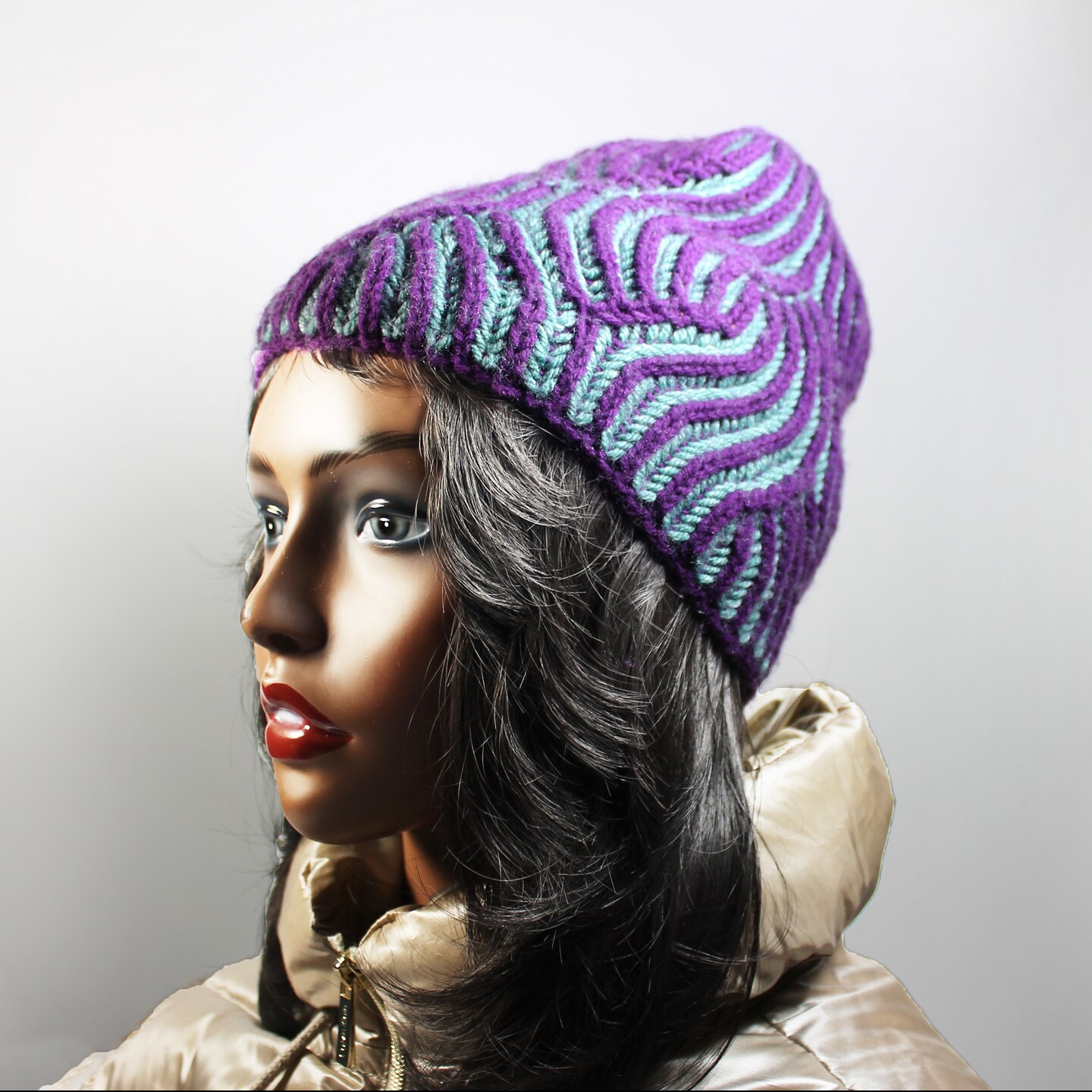 Teal Purple Stocking Cap Hand-Knit Brioche Hat In Purple And Teal