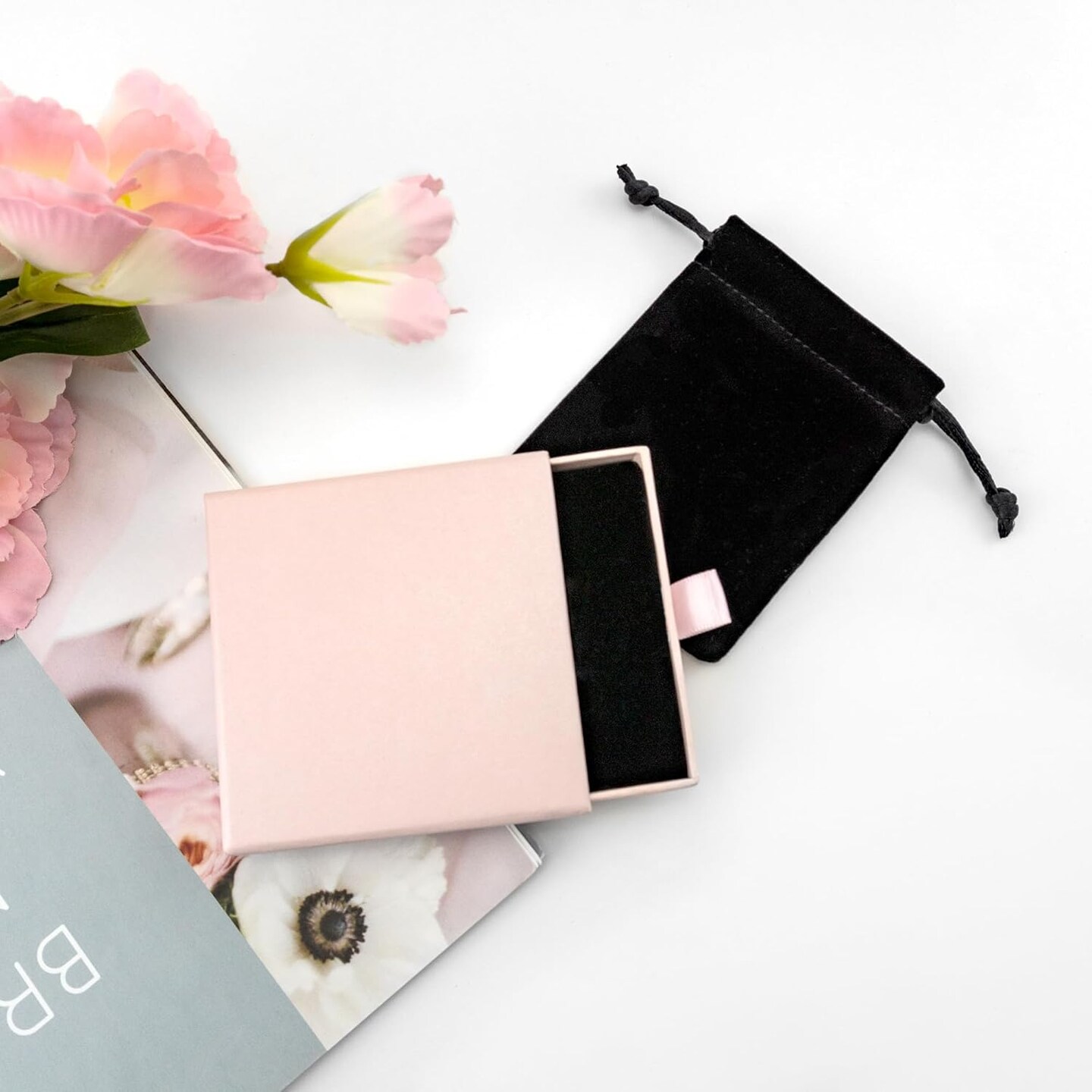 Small Pink Jewelry Gift Box with Velvet Bag – Square Cardboard Organizer for Necklaces, Bracelets, Earrings & Pendants – Birthday & Christmas Gift Packaging (Pink)