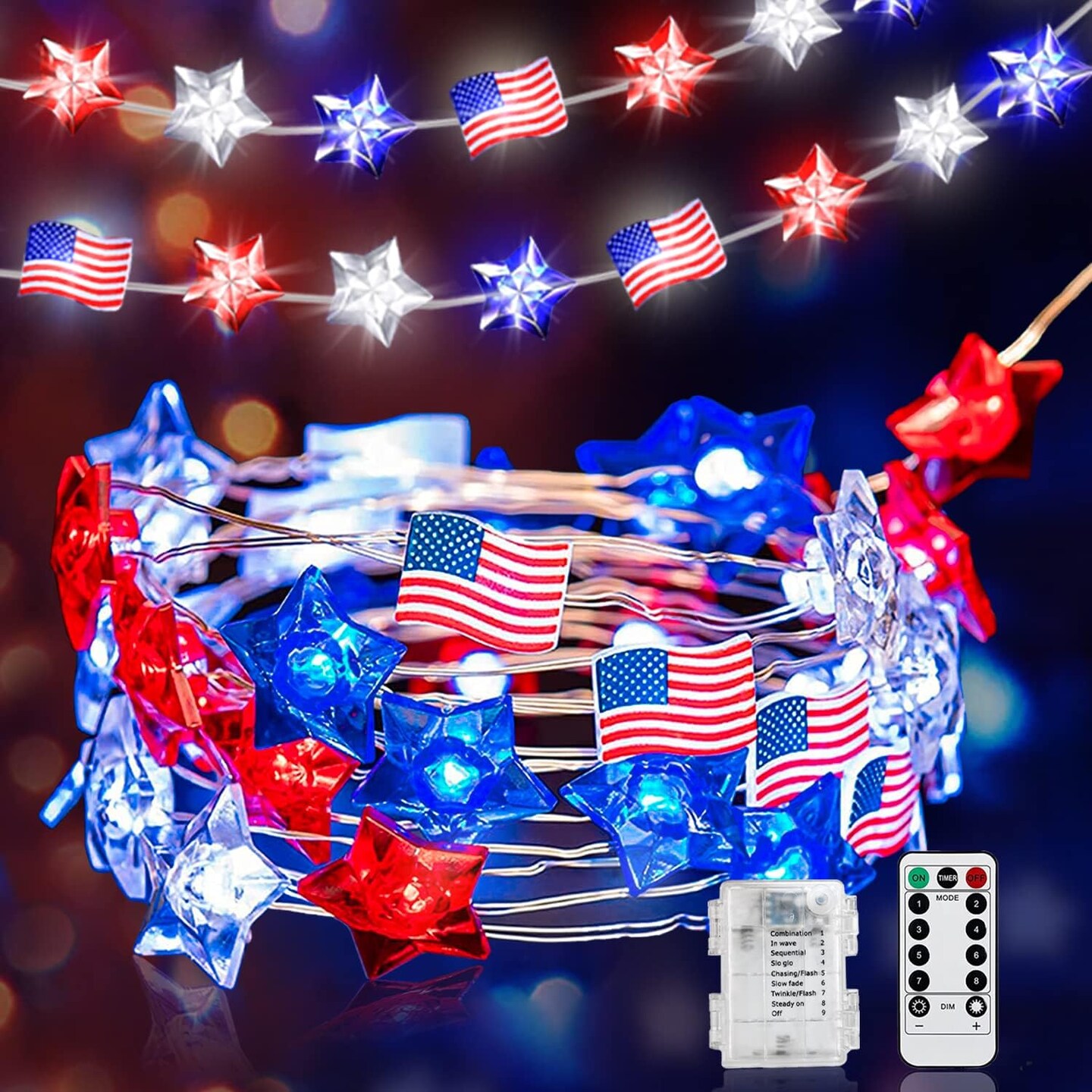[ 8 Modes &#x26; Timer ] 2 Pack Red White and Blue Lights, 26 FT 80 LEDs 4th of July Star &#x26; Flags Lights Remote Battery Operated for Patriotic Memorial Day Independence Fourth of July Decorations