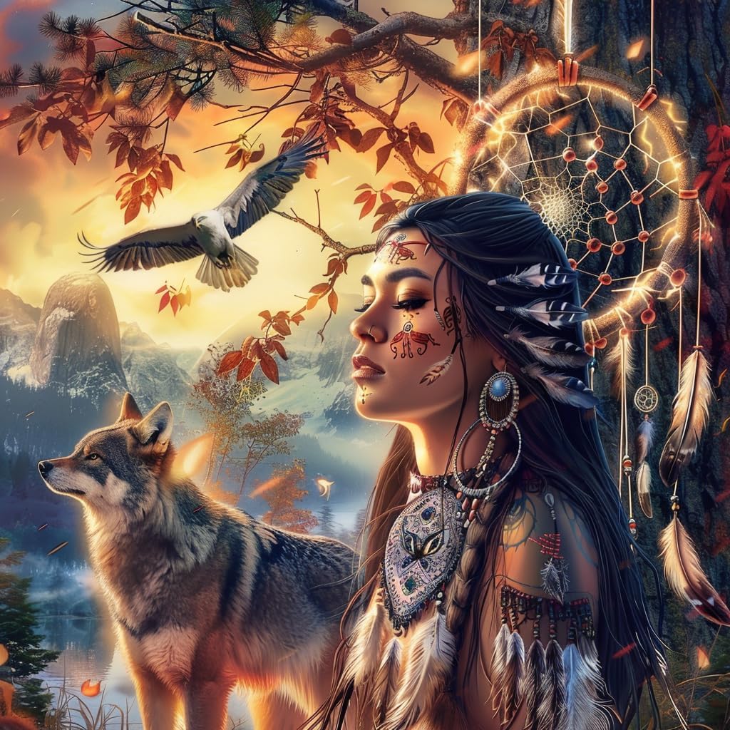 American Native Indian Girl and Wolf DIY 5D Diamond Painting Kits for Adults Round Full Drill Diamond Art Easy for Beginner Gems Cross Stitch Mosaic Craft for Home Decor 14x14inch