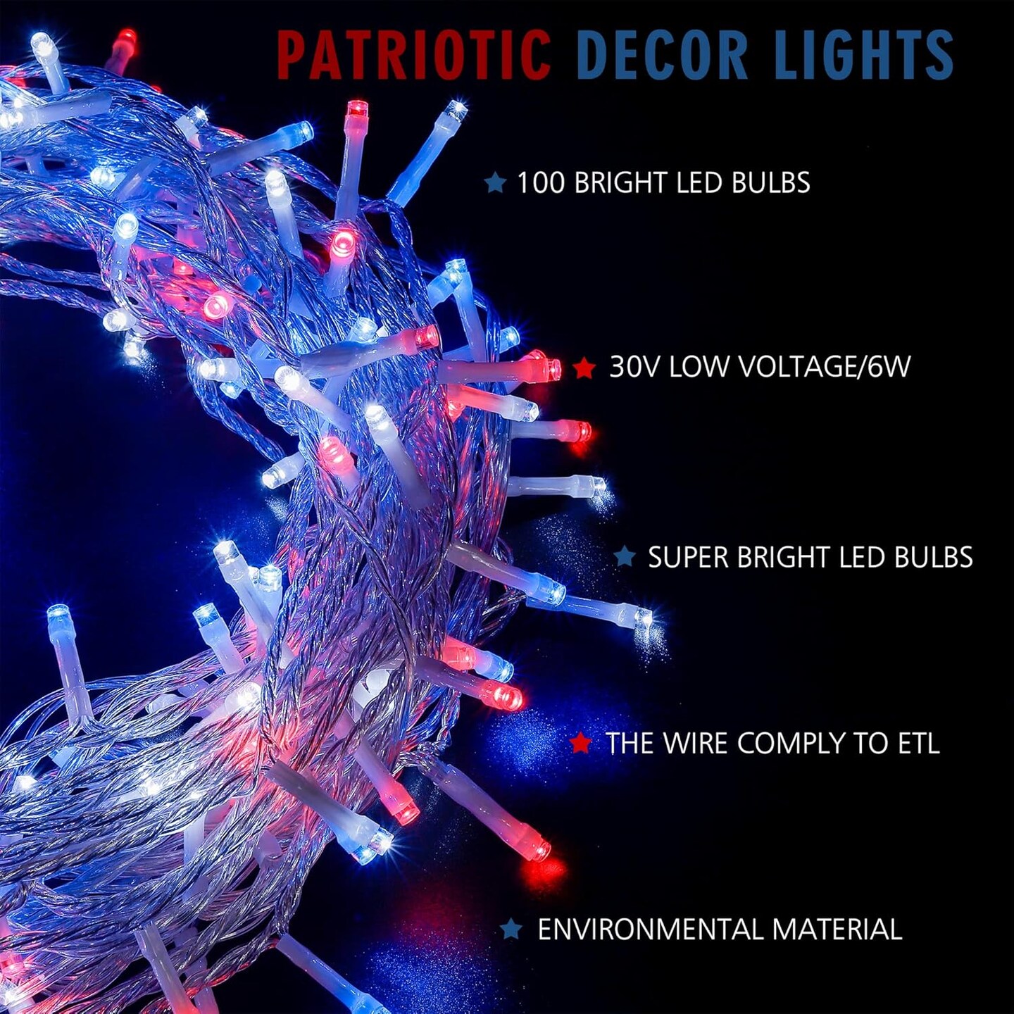33ft Patriotic LED String Lights - 100 LED July 4th Decor on Clear Wire, Red White & Blue