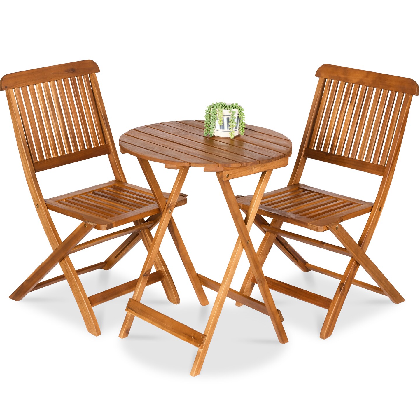 Best Choice Products 3-Piece Acacia Wood Bistro Set, Folding Patio Furniture w/ 2 Chairs, Table, Teak Finish - Natural