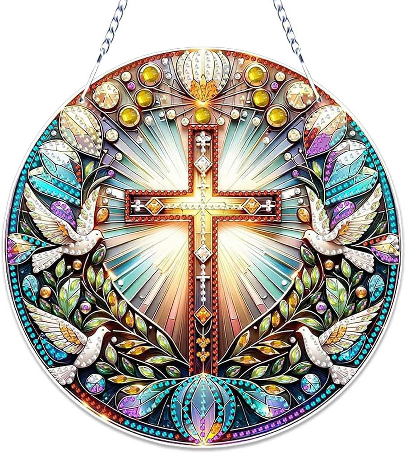 Christian Cross Dove Diamond Art Acrylic Hanging Kit for Adults, Religious DIY Special Shaped Diamond Painting kits Window Pendant Ornament(Peace Dove and Cross)