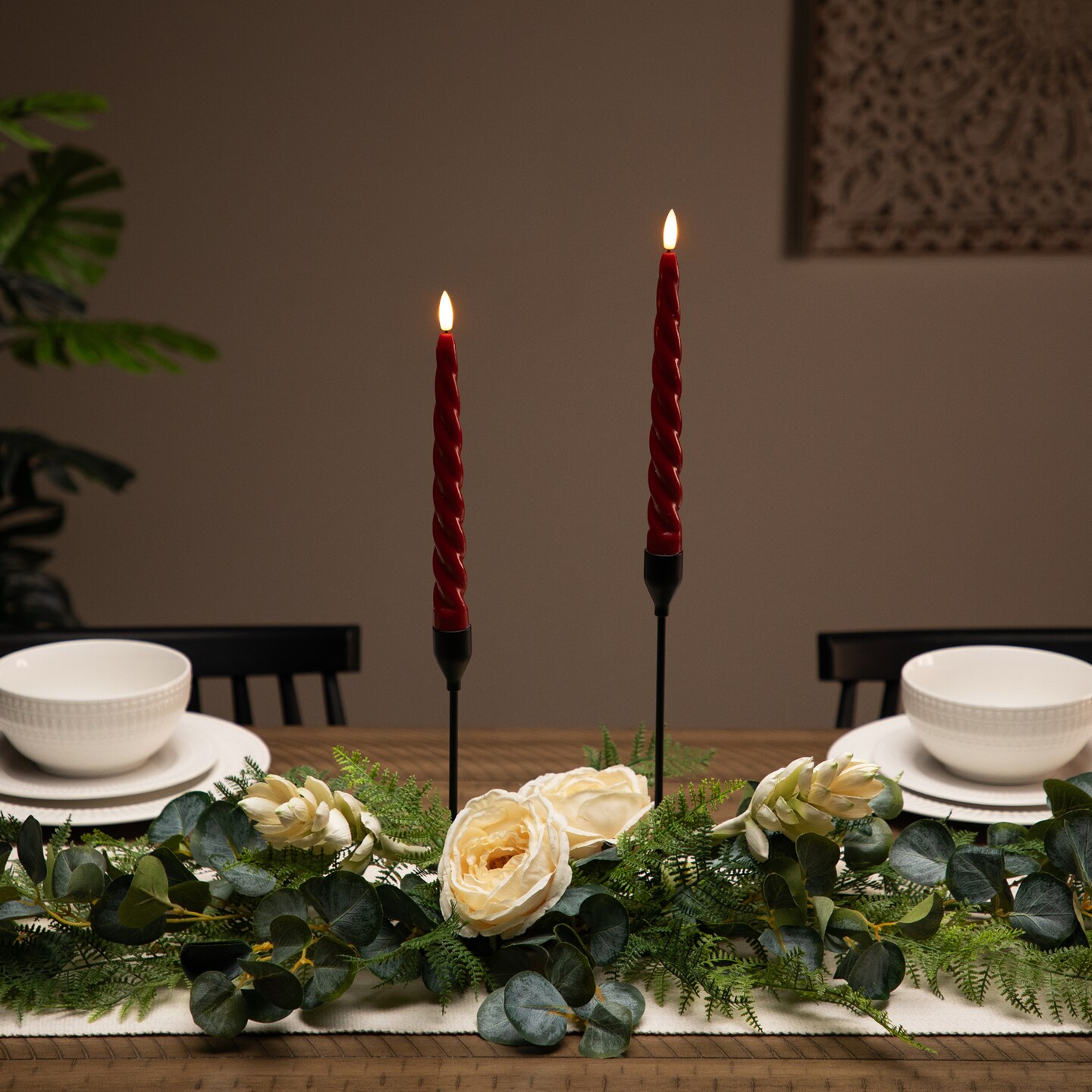 Northlight LED Flickering Taper Flameless Swirled Christmas Candles - 9.5&#x22; - Red - Set of 2