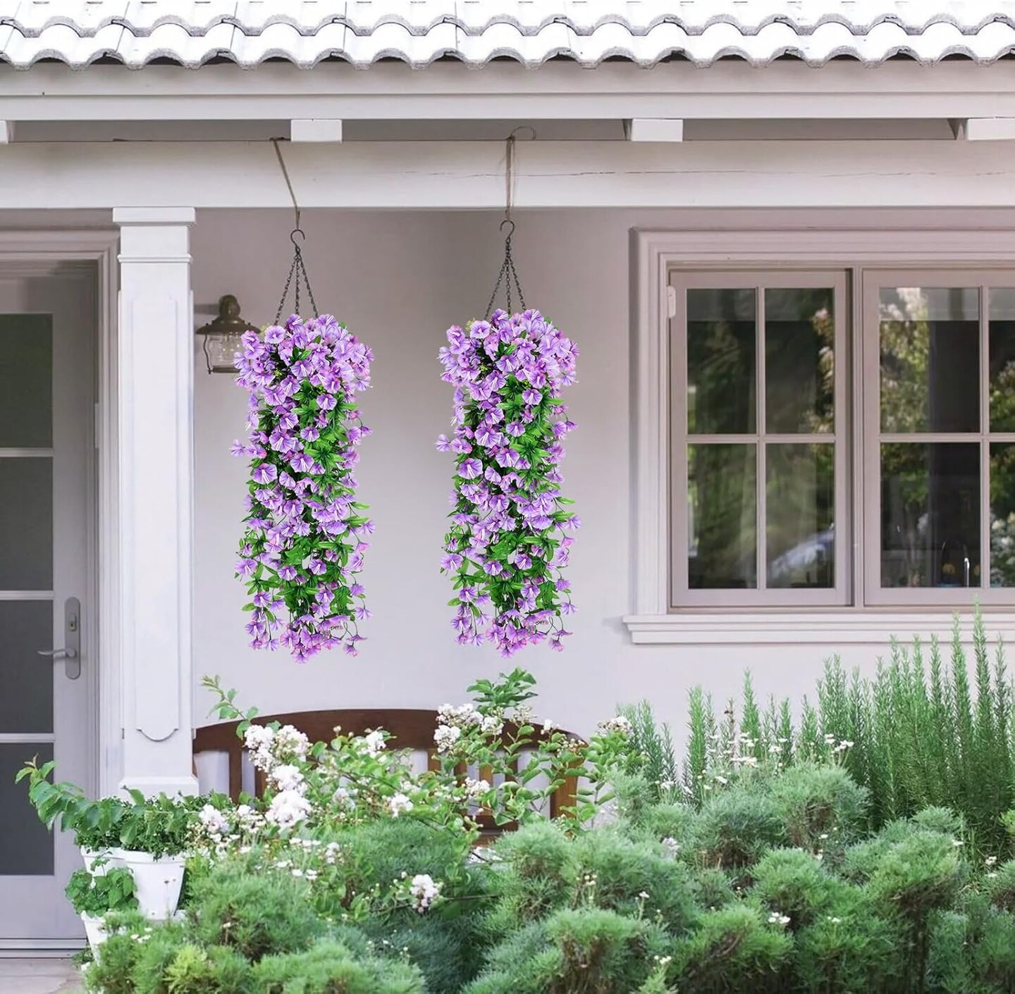 2PCS Artificial Hanging Flowers, UV Resistant Fake Plastic Faux Hanging Plants Morning Glory Vines