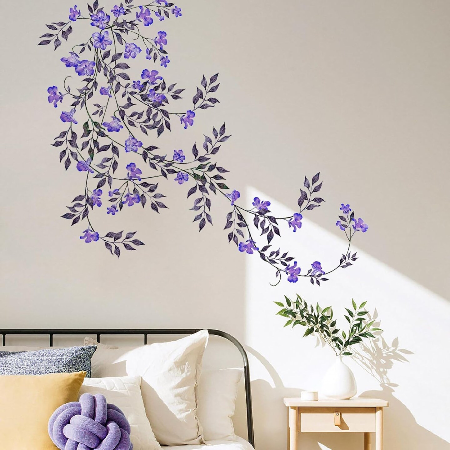Purple Vine Flowers Wall Decal Hanging Vine Branch Floral Wall Stickers Self-Adhesive Wall Art