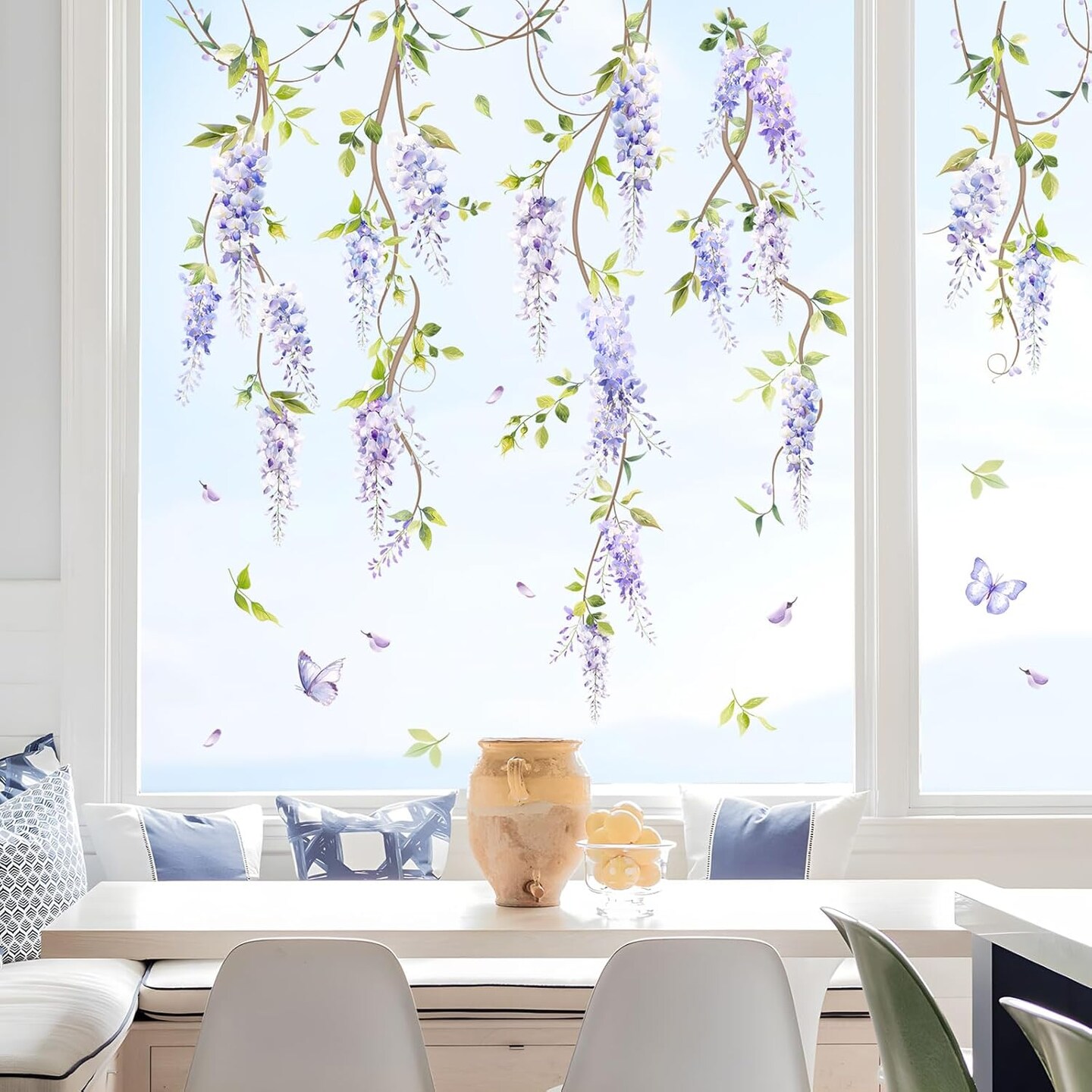 Purple Flower Wall Decals, Hanging Wisteria Floral Green Leaves