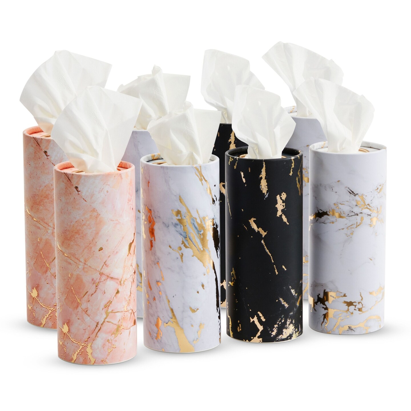 Zodaca 8-Pack Car Tissues Cylinder Boxes - Round Travel Wipes for Car Cup Holder (50 Tissues Per Container, Marble Design)