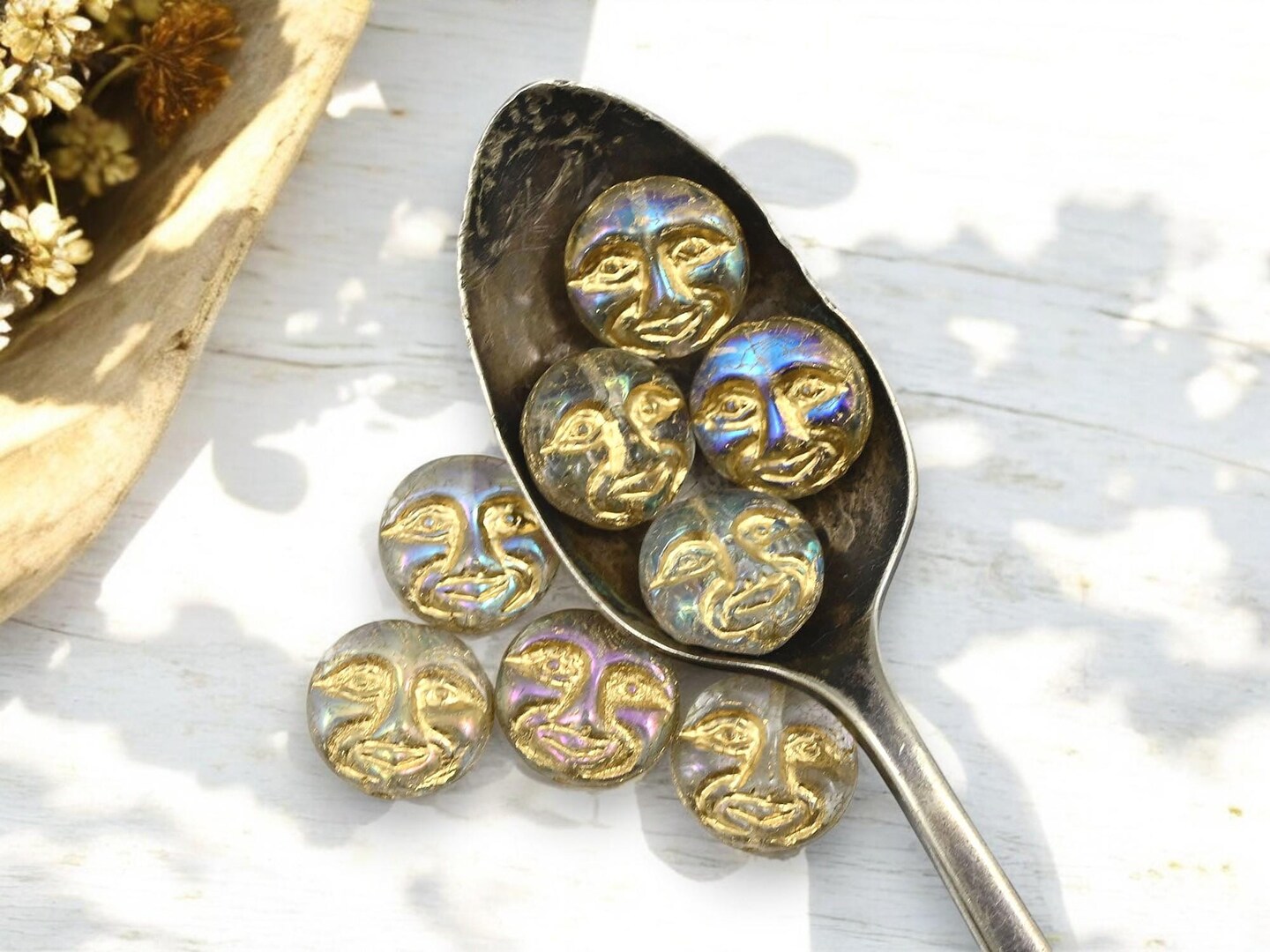 *15* 13mm Gold Washed Crystal AB Moon Face Coin Beads
