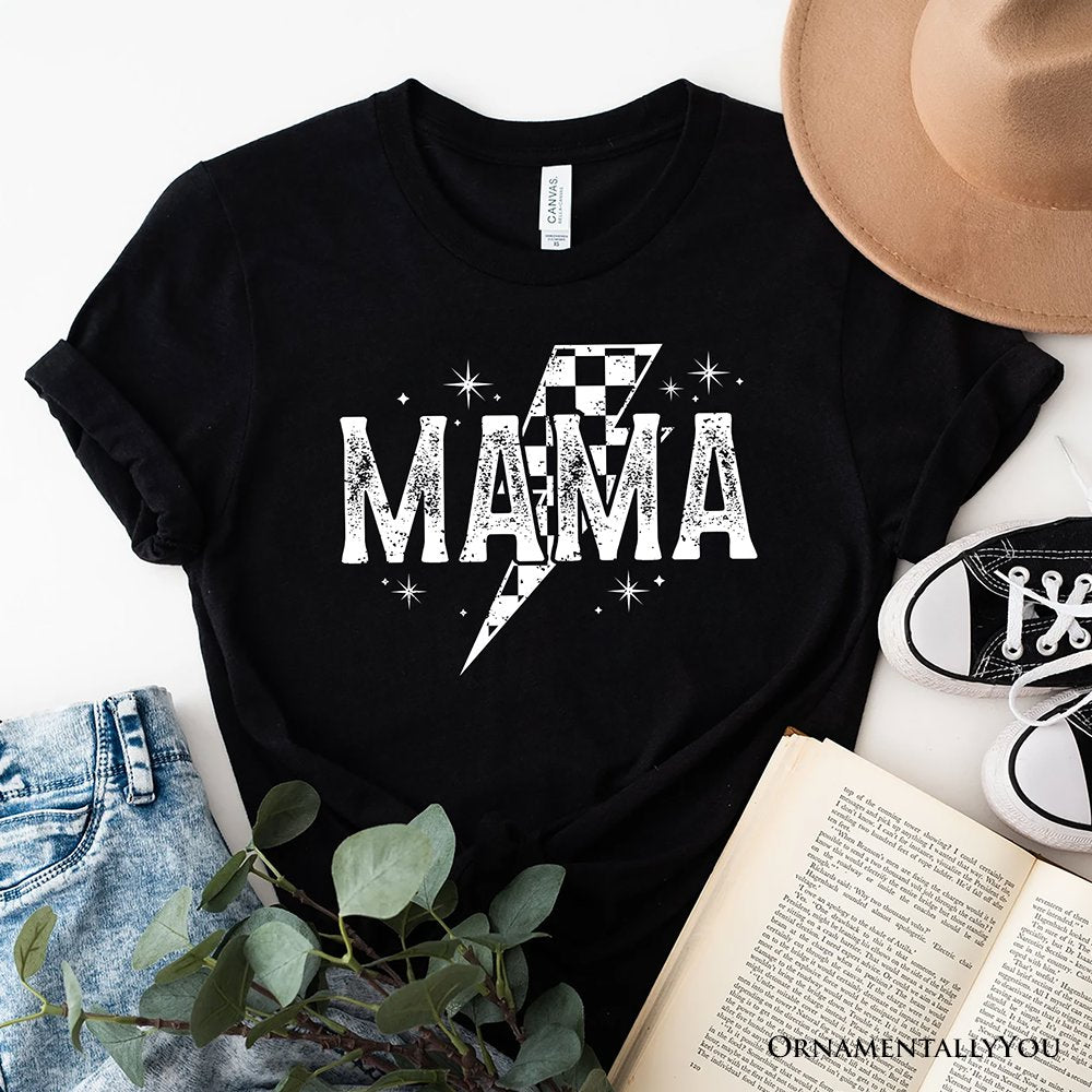 Checkered Lightning Bolt Mama Tee, Vintage Retro Black and White Tee for Energetic Moms