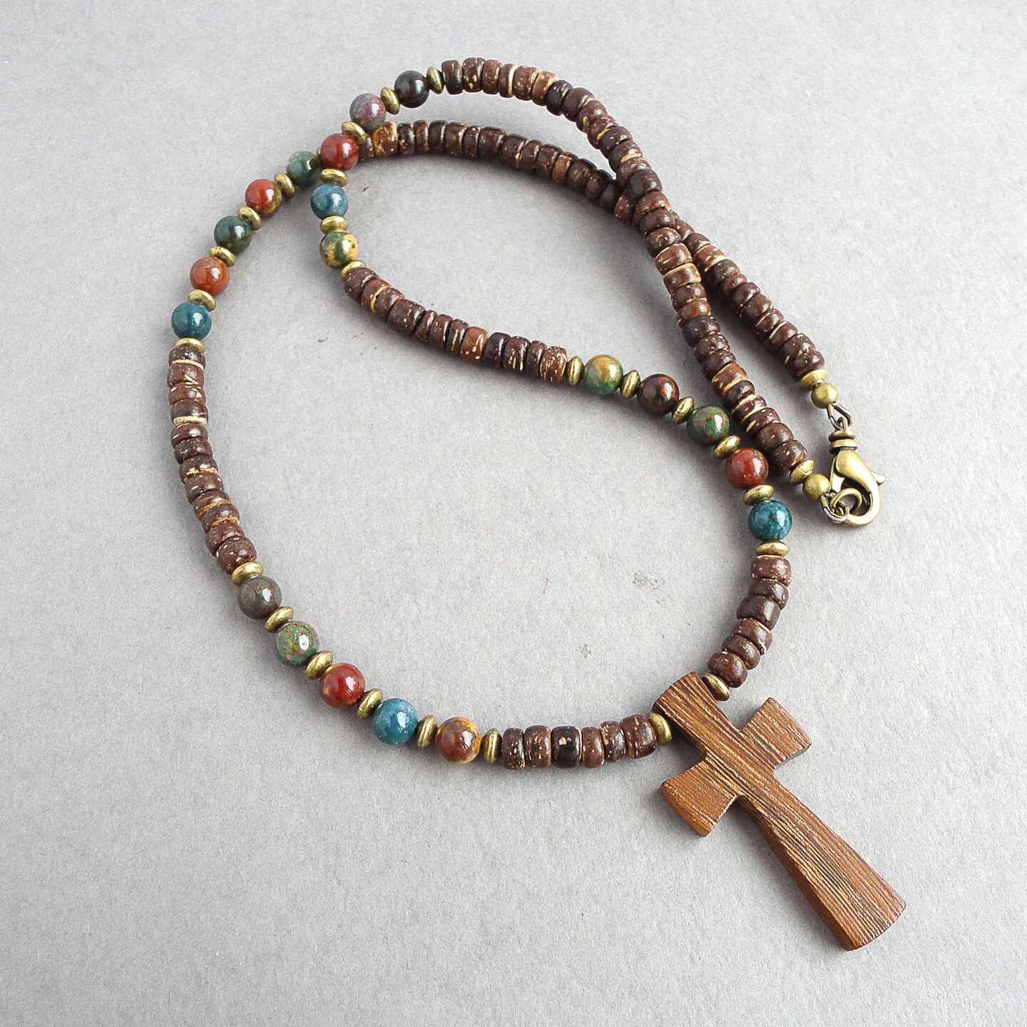 Wood Cross Necklace Beaded With Multi-color Bloodstone, Coconut 