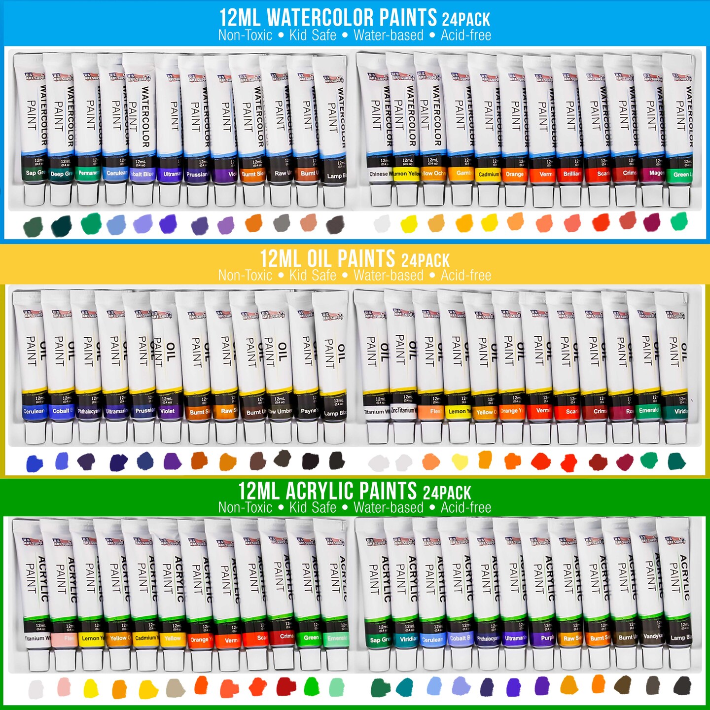 U.S. Art Supply 133-Piece Deluxe Artist Painting Set with Aluminum &#x26; Wood Easels, 72 Paint Colors, 24 Acrylic 24 Oil 24 Watercolor, 8 Canvases, Sketch