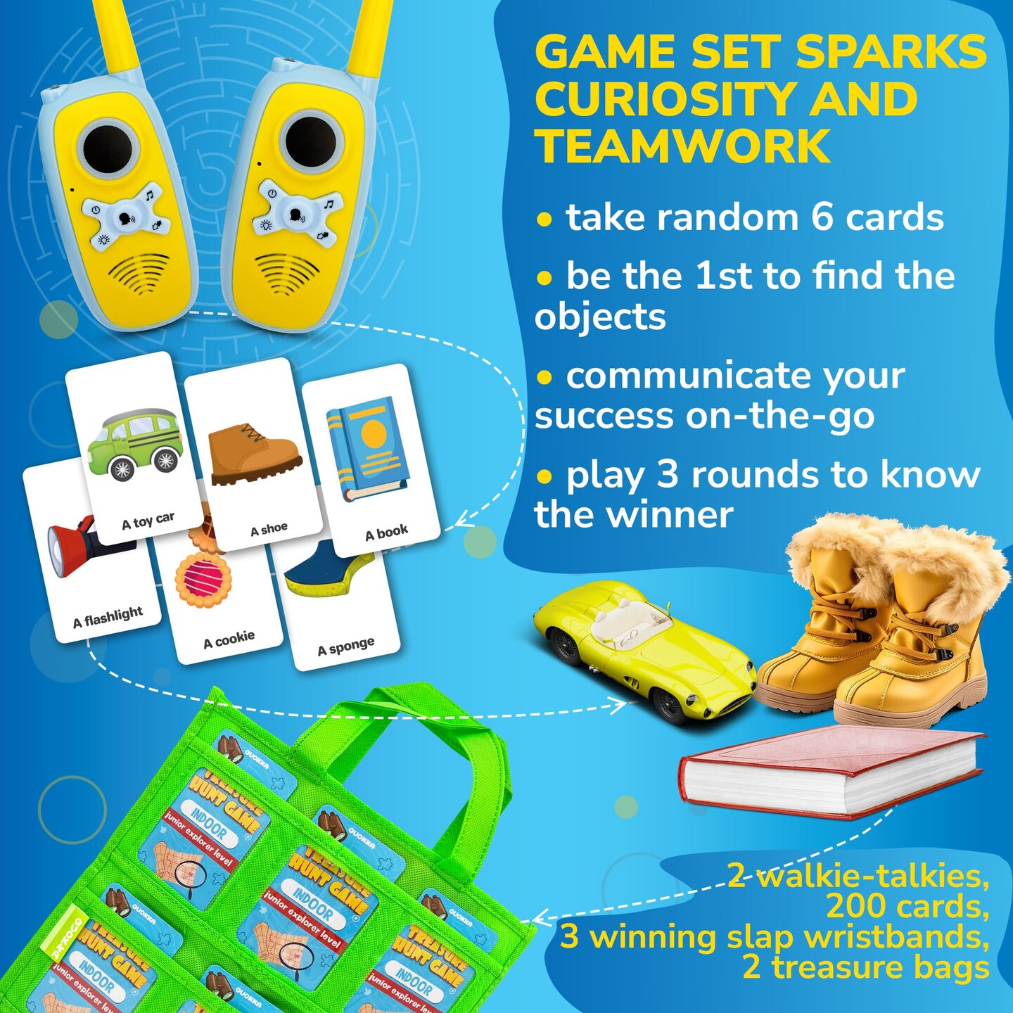 QUOKKA Scavenger Hunt for Kids Ages 4-8 - Treasure Hunting Outdoor Games for Kids 8-12 - 2 Walkie Talkies | 2 Bags | 200 Outdoor &#x26; Indoor Cards | 3 Bracelets