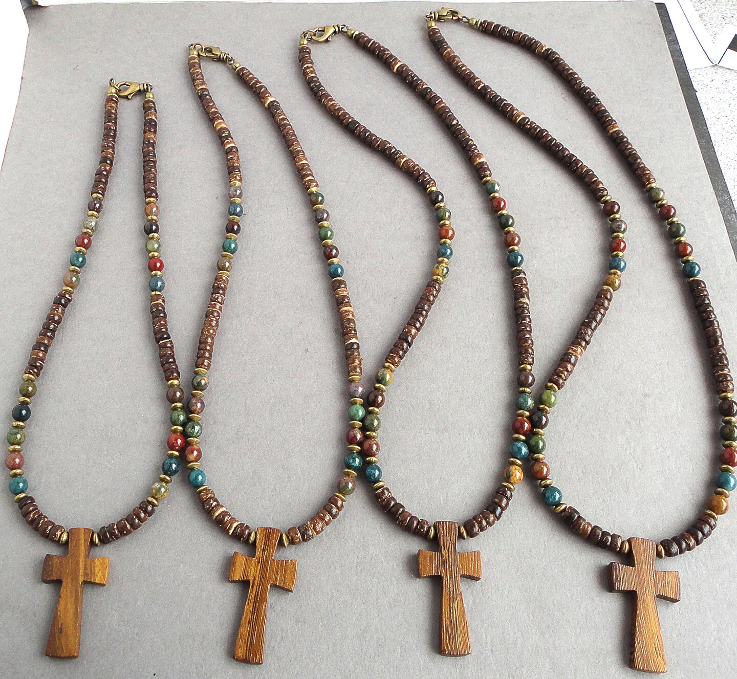 Wood Cross Necklace Beaded With Multi-color Bloodstone, Coconut 