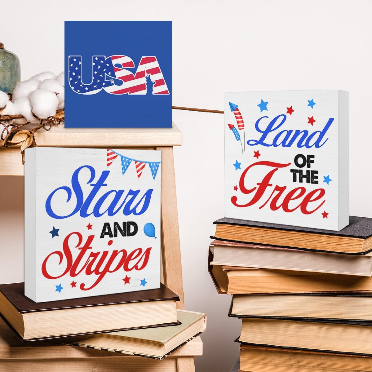 3 Pcs Patriotic Wood Signs Tabletop Decor America Wood Block Signs Independence Day Stars And Stripes Land of the Free USA Wooden Box Signs Decorations for Home Tiered Tray Desk Shelf