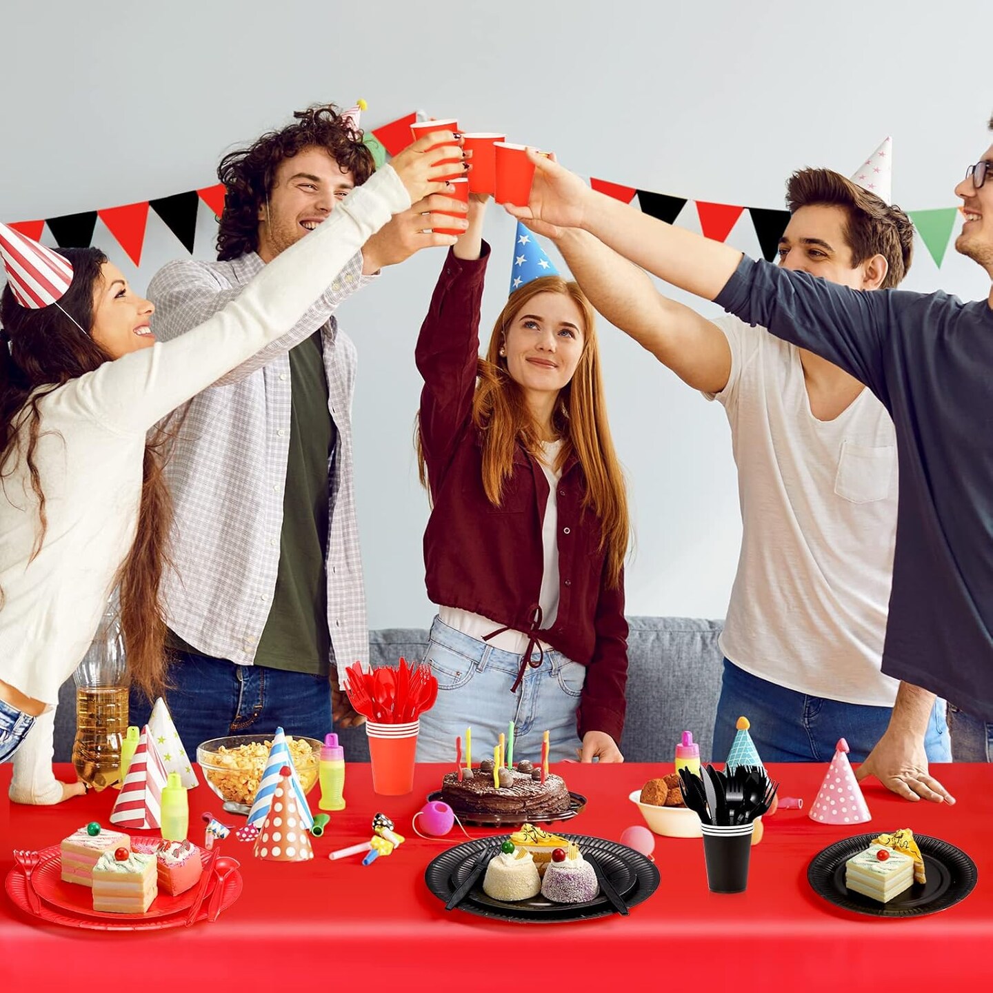 142 Pcs Red and Black Paper Plates and Napkins Graduation Party Supplies Red and Black Disposable Plastic Tablecloth Knife and Fork Spoon Birthday Wedding Anniversary Tableware Set, Serve 20