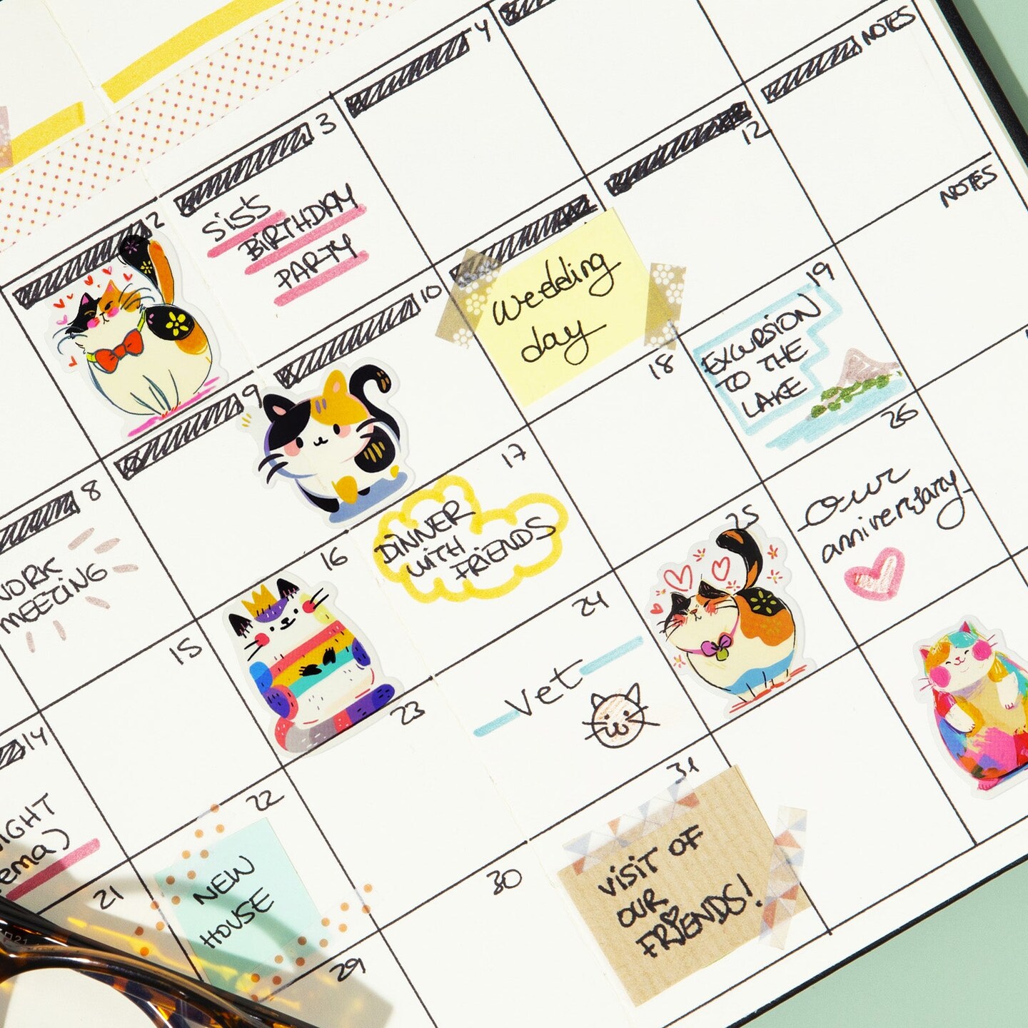 Wrapables Waterproof Transparent PET Stickers for Water Bottles, Laptop, Phones, Skateboards, Decals for Teens, 100pcs, Curious Cats